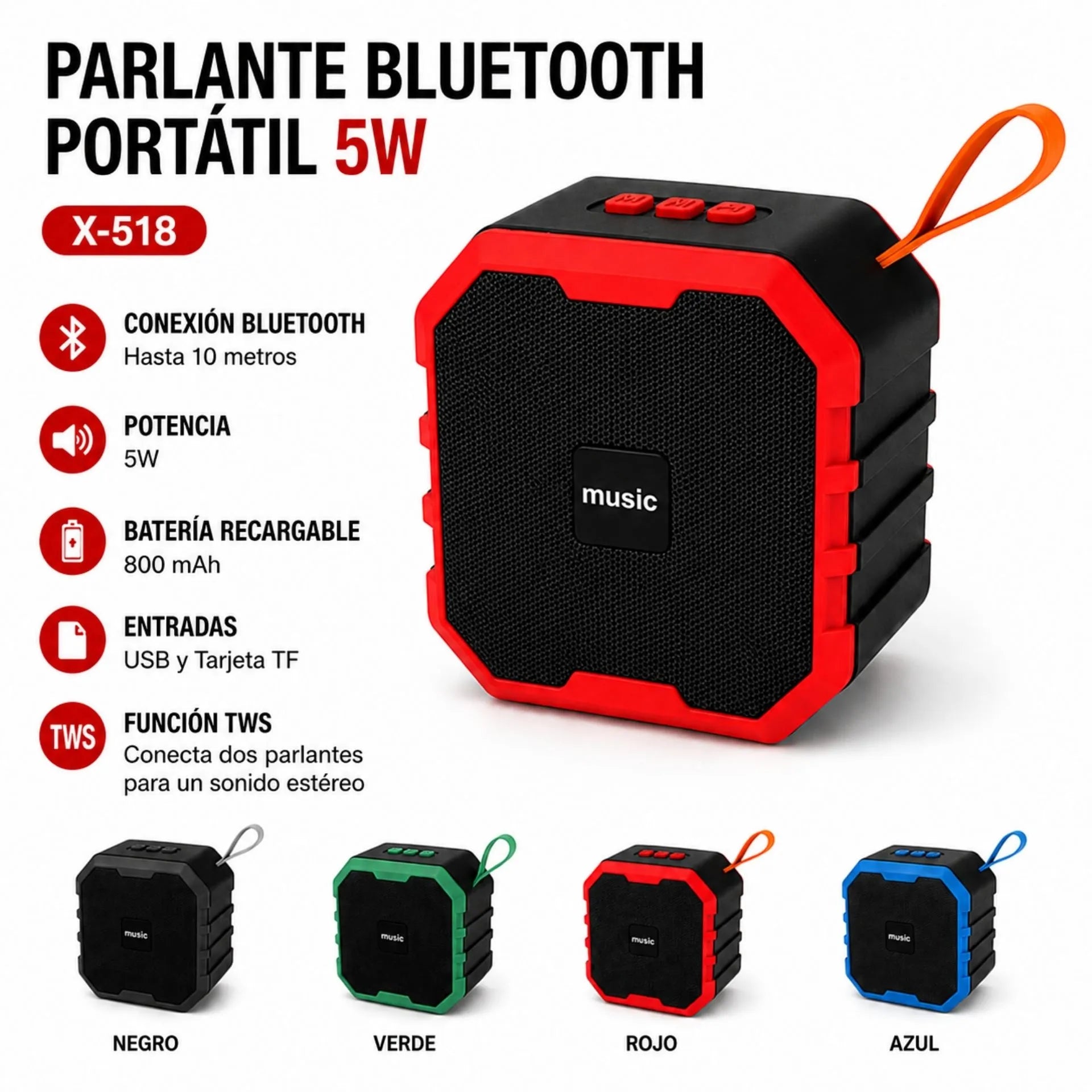 Parlante Bluetooth Portátil 5W Con USB Y TF X-518