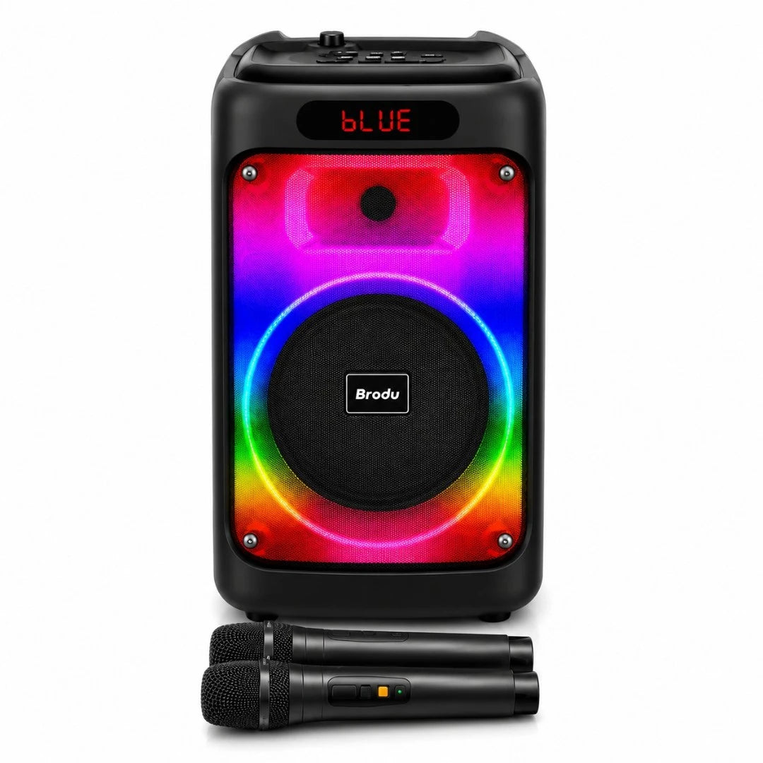 Parlante Cabina Bluetooth 8 Pulgadas Recargable Con Luces RGB Y Micrófonos Brodu BTS-2102