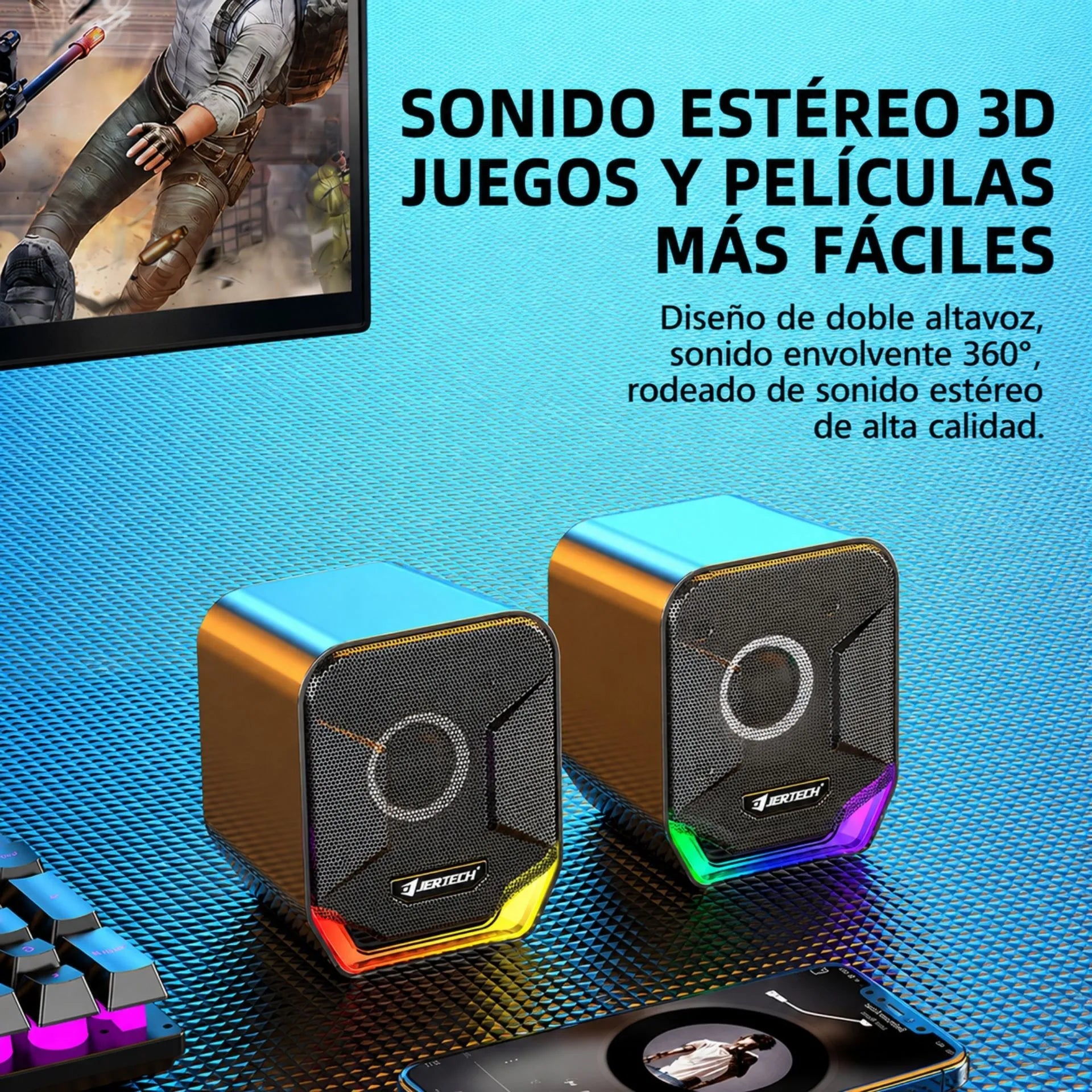 Parlantes Multimedia USB 2.0 RGB Estéreo 10W para Computador Jertech S4