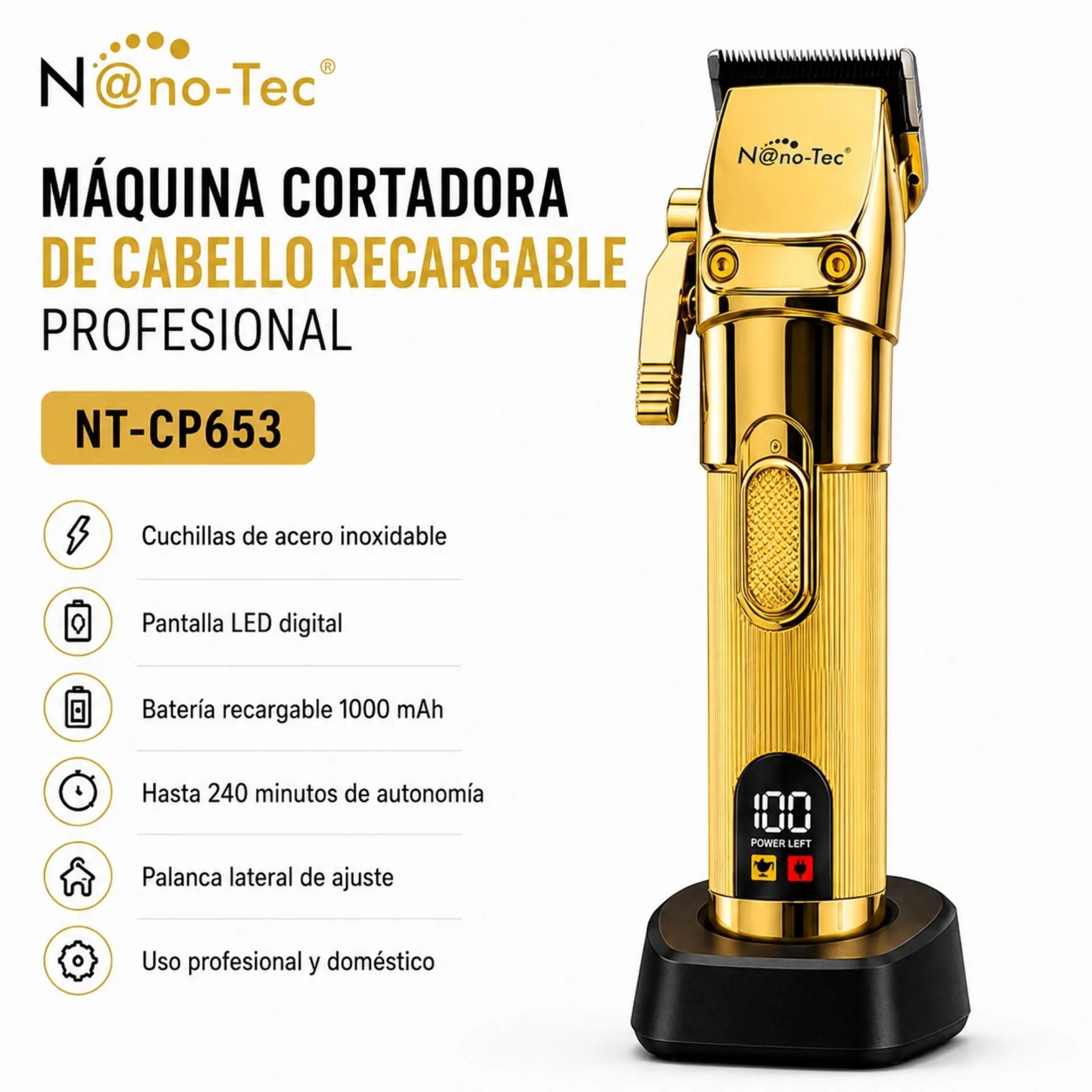 Máquina Cortadora De Cabello Recargable Con Pantalla LED Nano-Tec NT-CP653