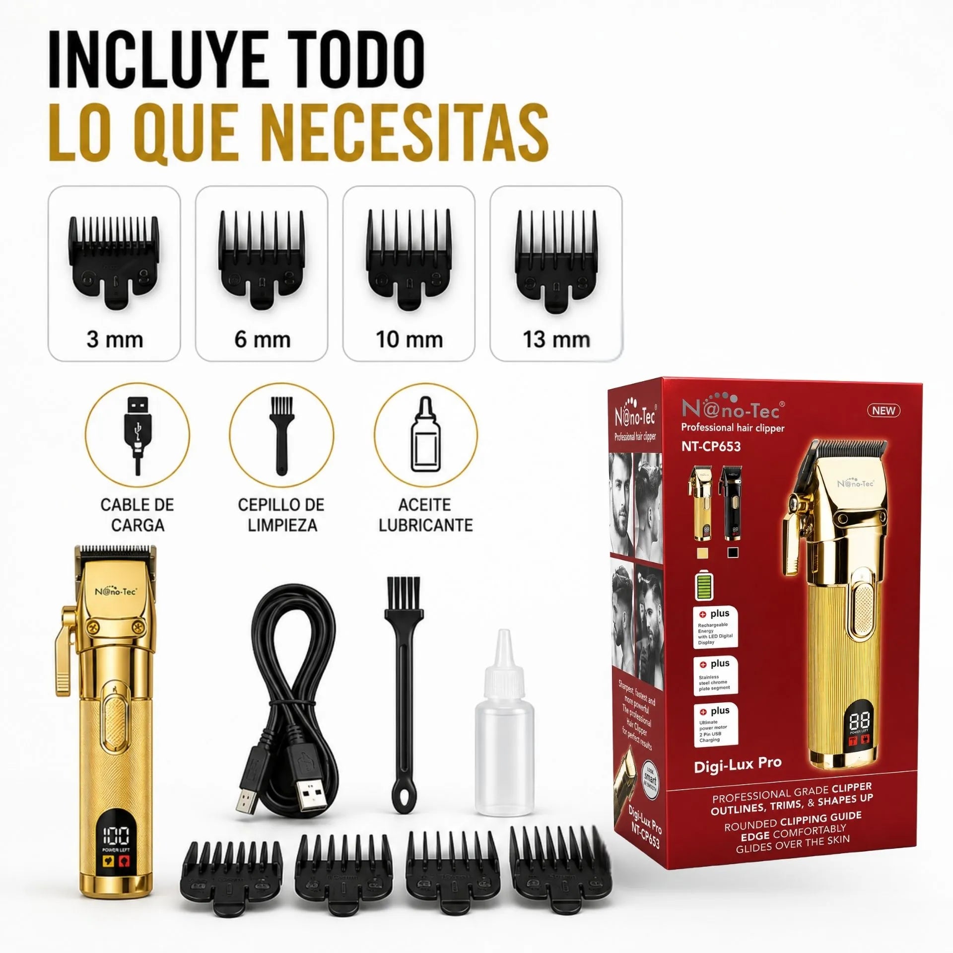 Máquina Cortadora De Cabello Recargable Con Pantalla LED Nano-Tec NT-CP653