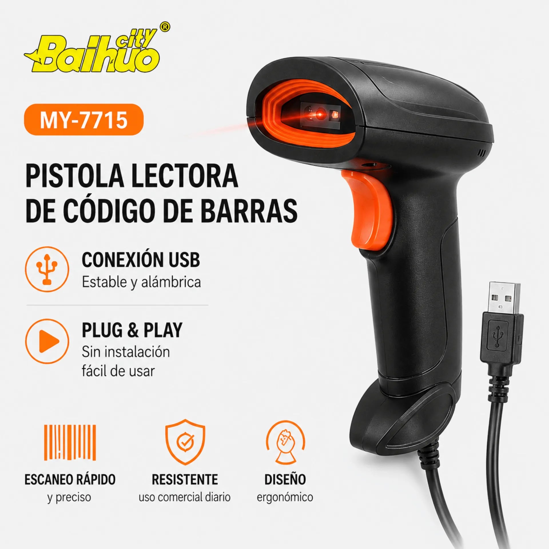 Pistola Lector De Código De Barras USB Plug & Play Baihuo City MY-7715