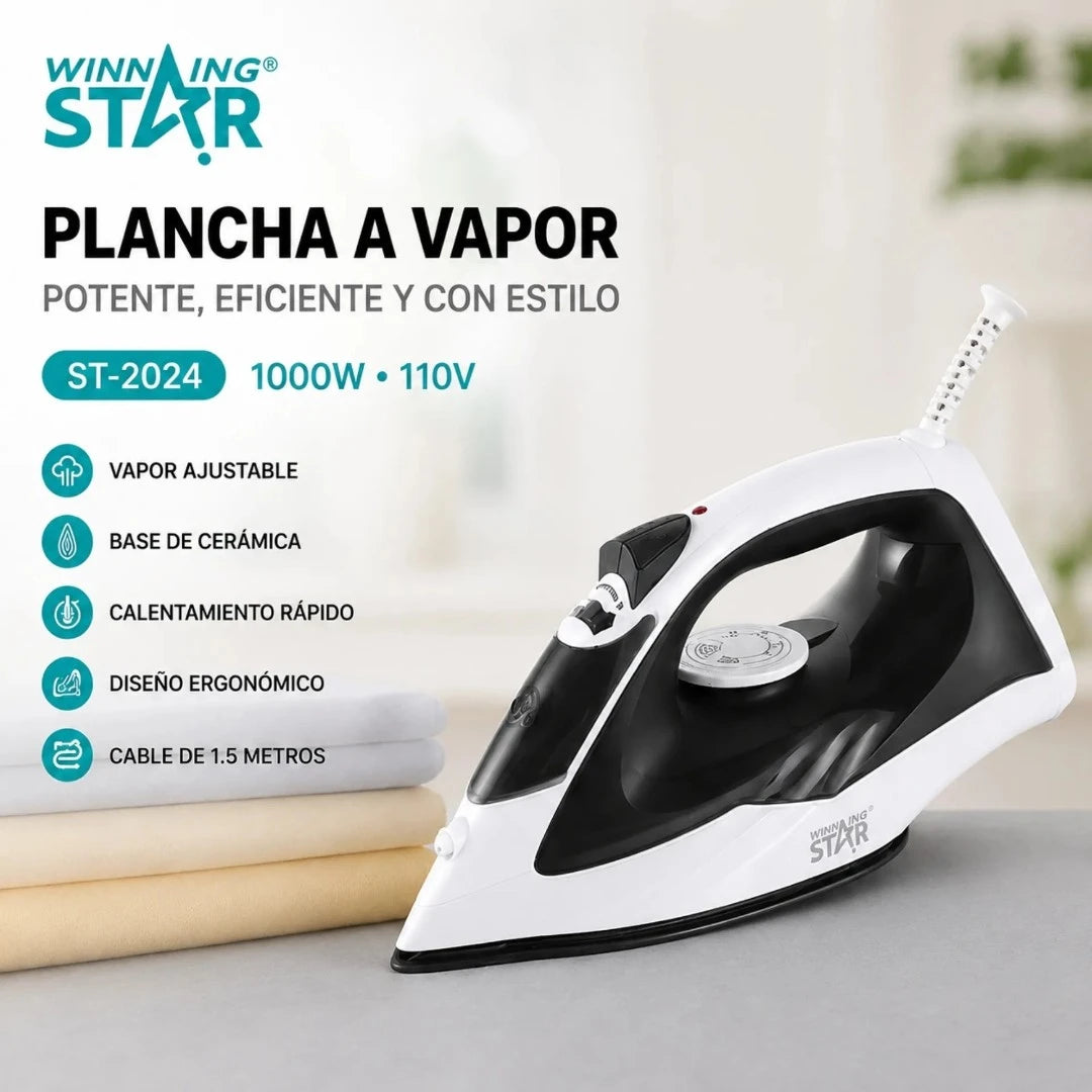 Plancha A Vapor Winning Star 1000W Con Base De Cerámica Y Control De Temperatura ST-2024