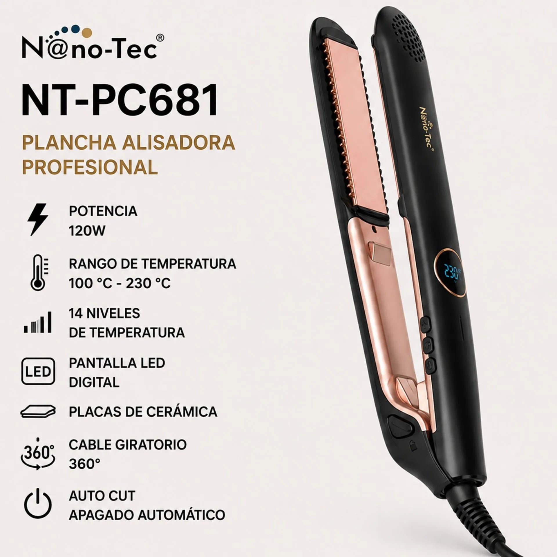 Plancha Alisadora Profesional Nano-Tec Con Pantalla LED, Placas De Cerámica NT-PC681