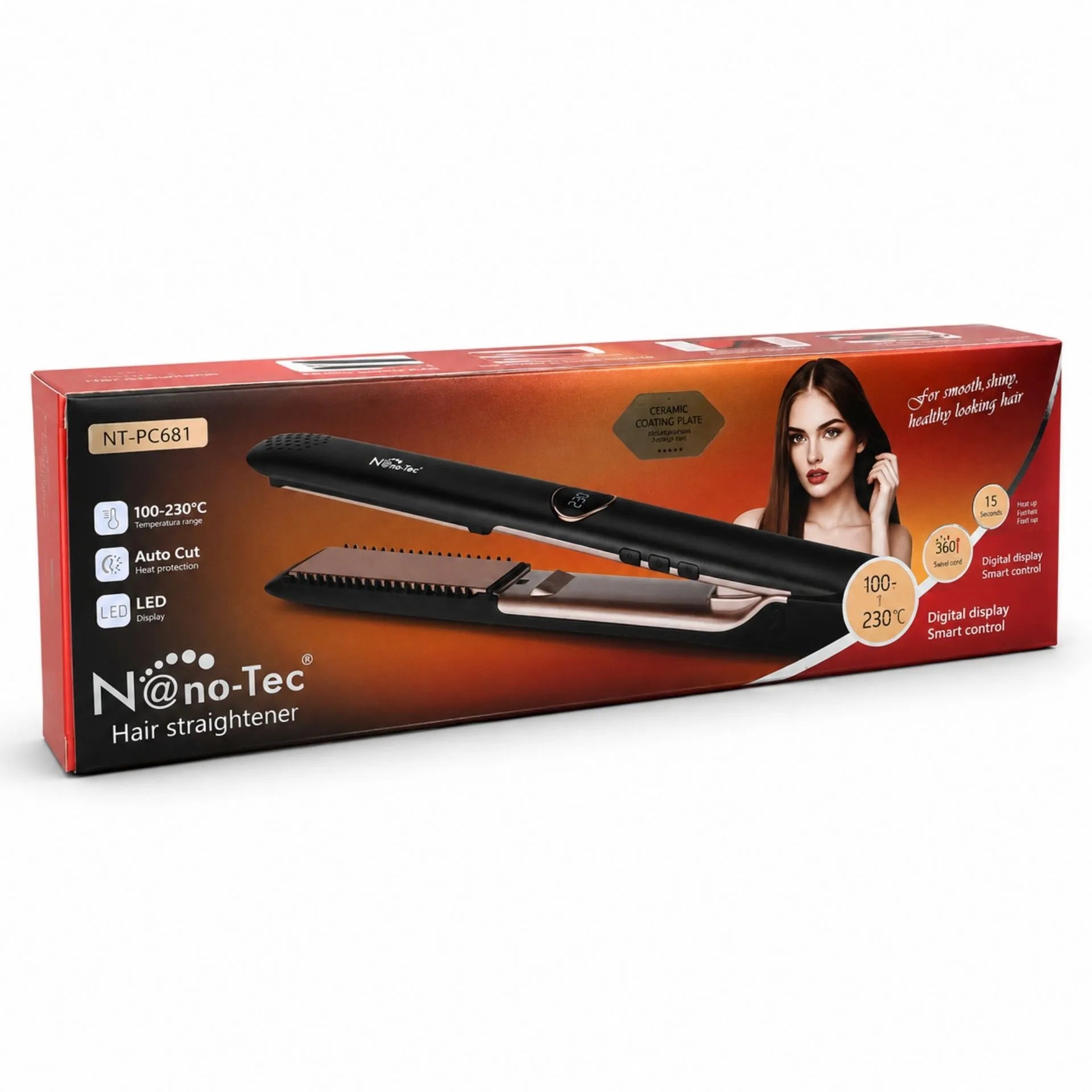 Plancha Alisadora Profesional Nano-Tec Con Pantalla LED, Placas De Cerámica NT-PC681