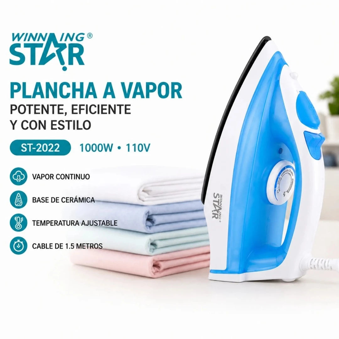 Plancha A Vapor Winning Star 1000W Con Base De Cerámica Antiadherente ST-2022