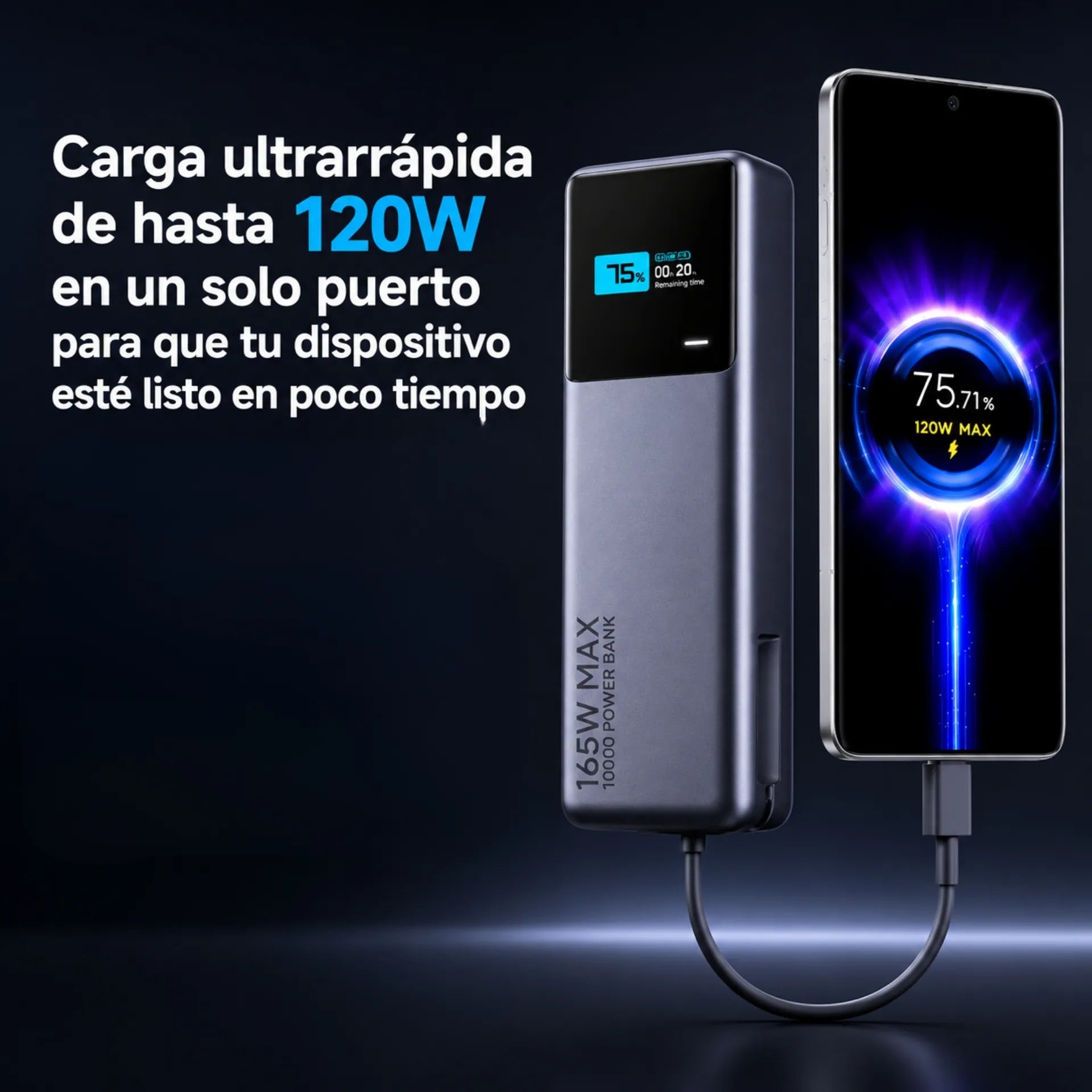 Power Bank Xiaomi HyperCharge 10000mAh 165W Con Cable USB-C Integrado Y Pantalla Inteligente BHR9361GL