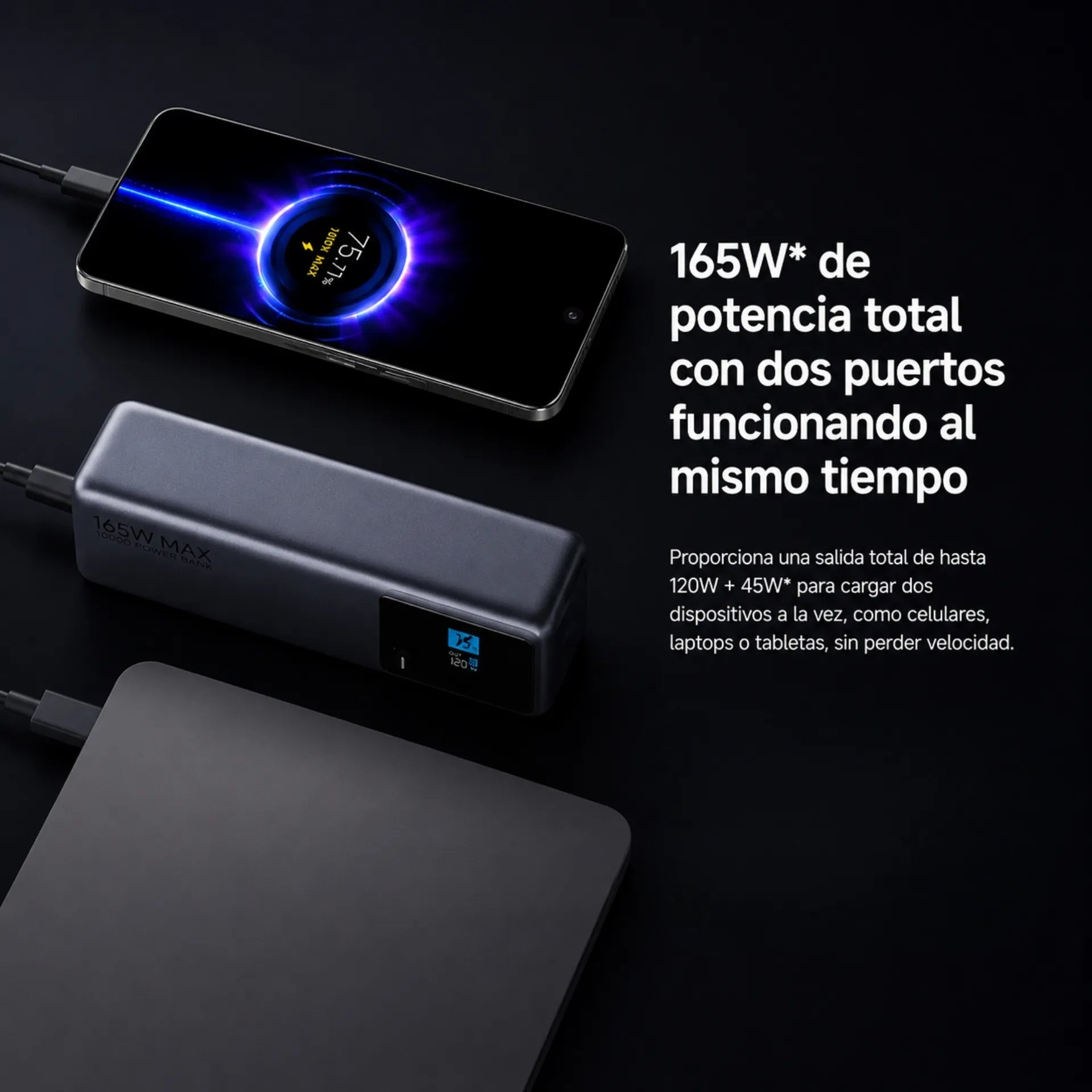 Power Bank Xiaomi HyperCharge 10000mAh 165W Con Cable USB-C Integrado Y Pantalla Inteligente BHR9361GL