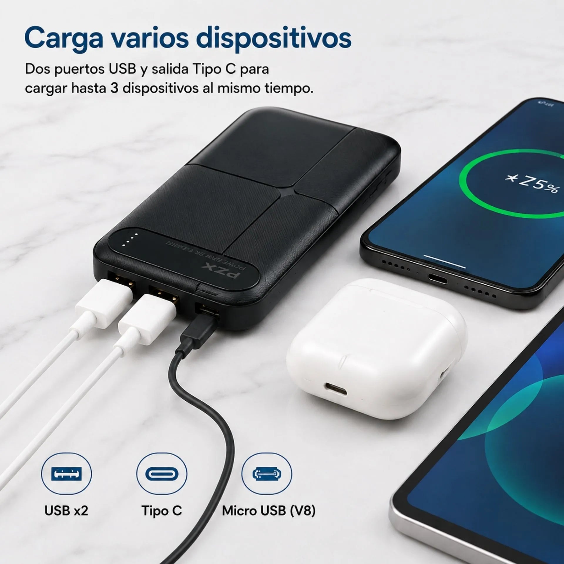 Power Bank 10.000 mAh Doble USB Y Salida Tipo C PZX V02