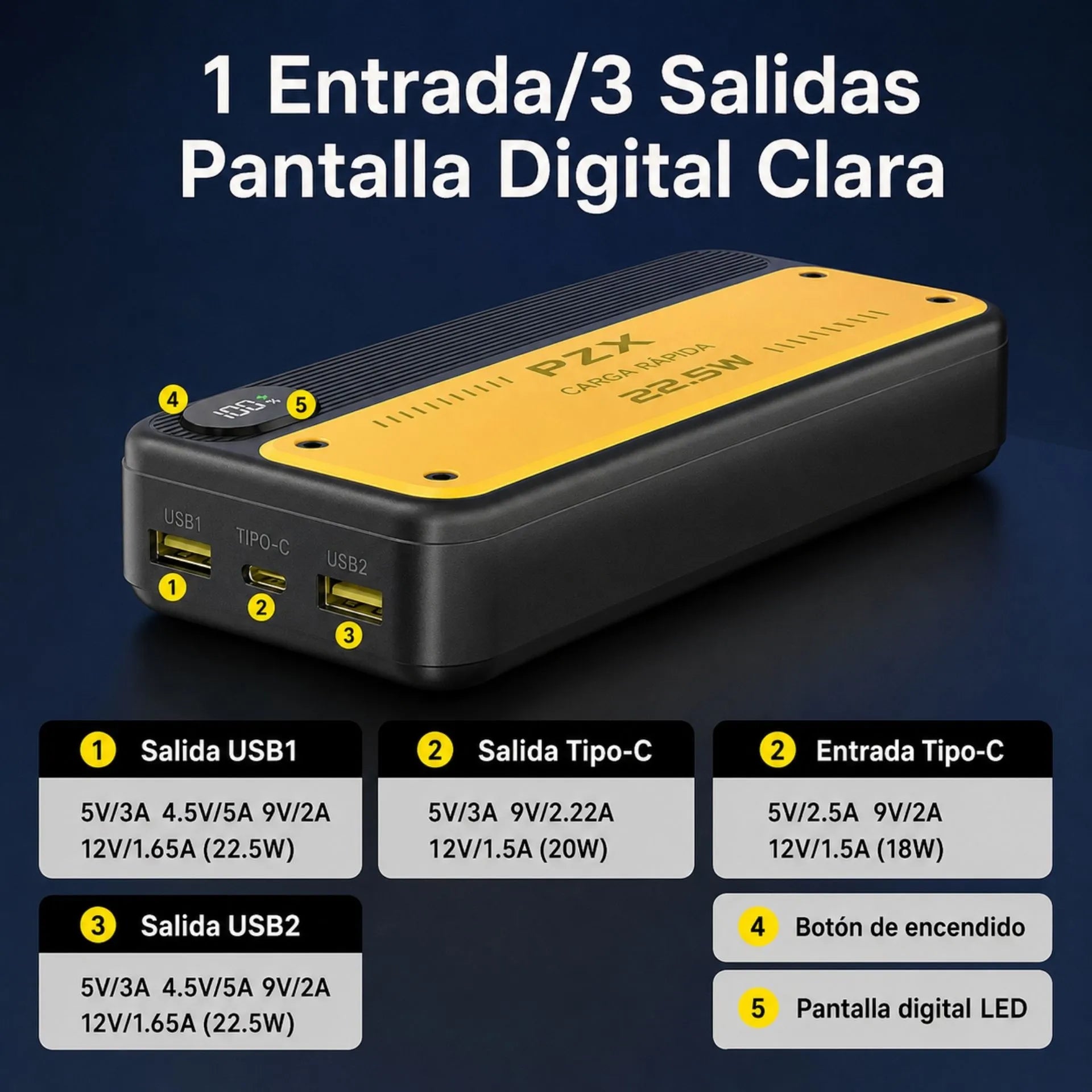 Power Bank 20.000 mAh Carga Rápida 22.5W Con Pantalla LCD PZX V76