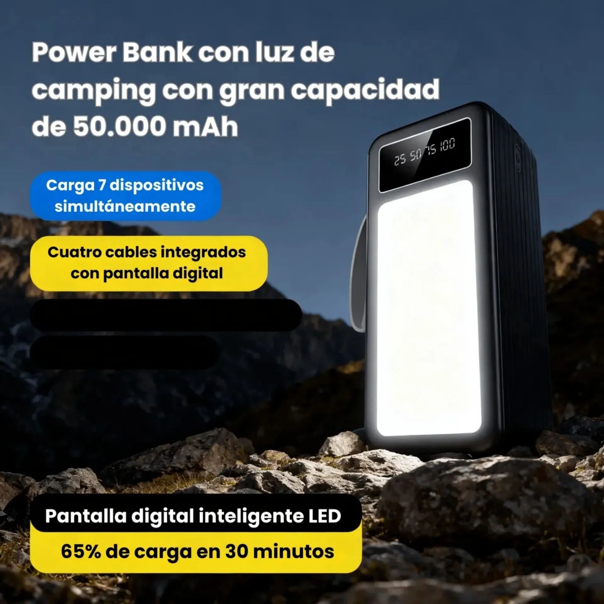 Power Bank 50.000 mAh Carga Rápida 22.5W Con Linterna LED Y Cables Integrados PZX V89S