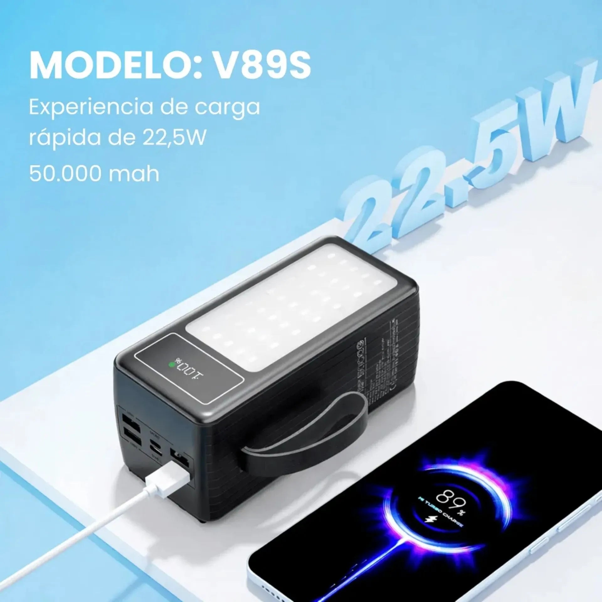 Power Bank 50.000 mAh Carga Rápida 22.5W Con Linterna LED Y Cables Integrados PZX V89S