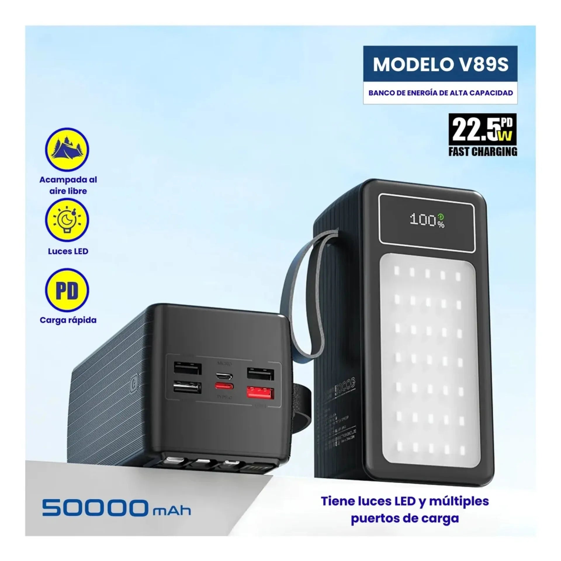 Power Bank 50.000 mAh Carga Rápida 22.5W Con Linterna LED Y Cables Integrados PZX V89S