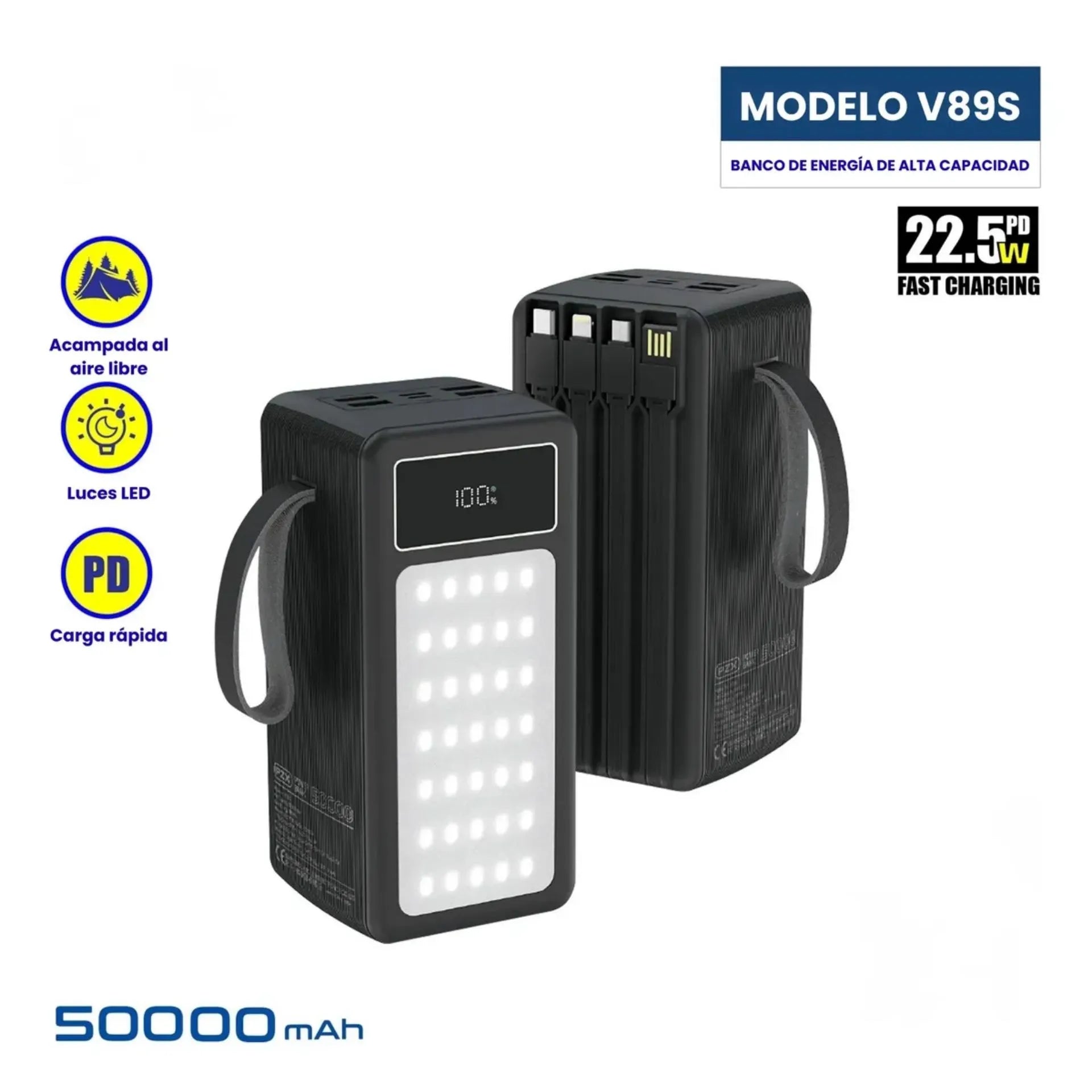 Power Bank 50.000 mAh Carga Rápida 22.5W Con Linterna LED Y Cables Integrados PZX V89S