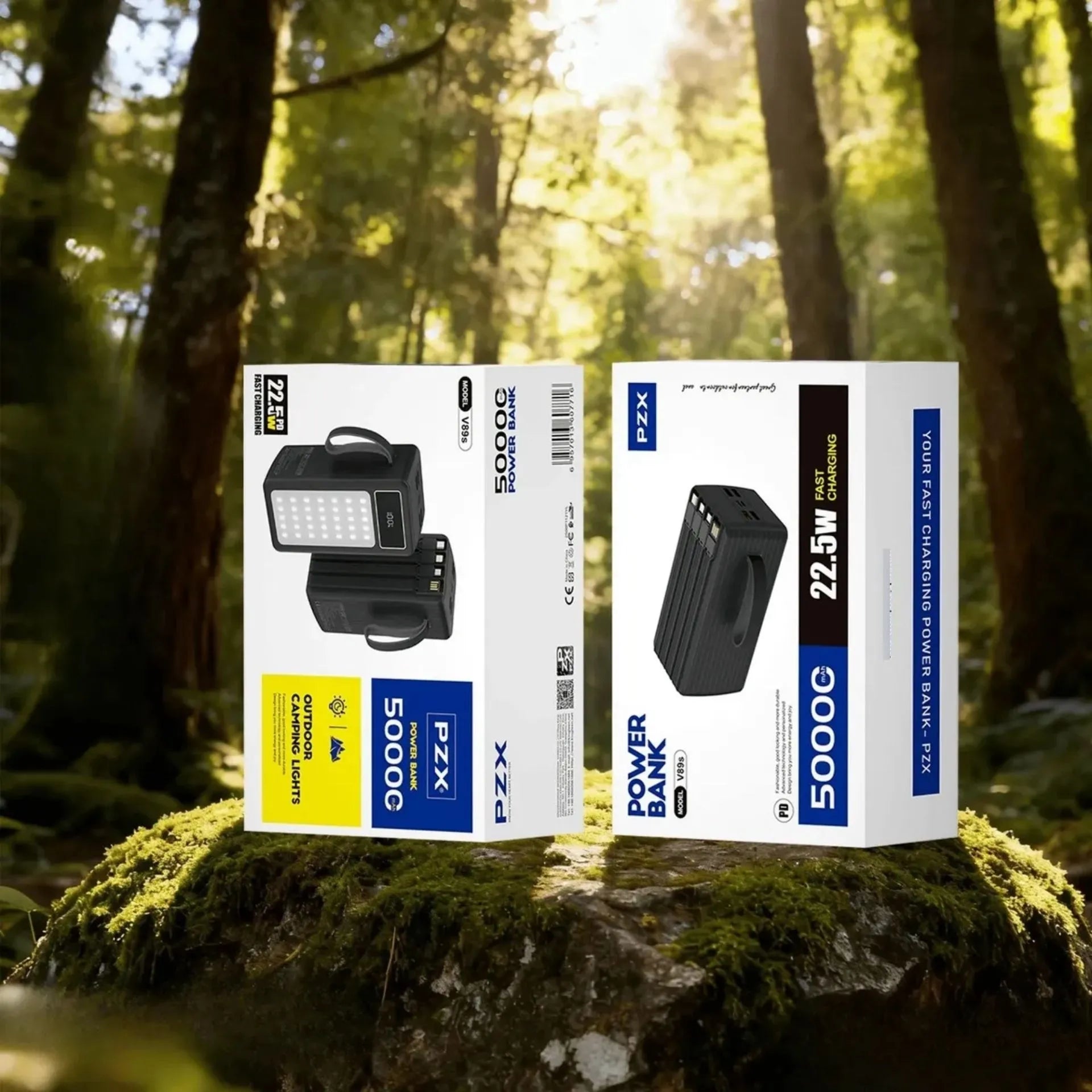 Power Bank 50.000 mAh Carga Rápida 22.5W Con Linterna LED Y Cables Integrados PZX V89S