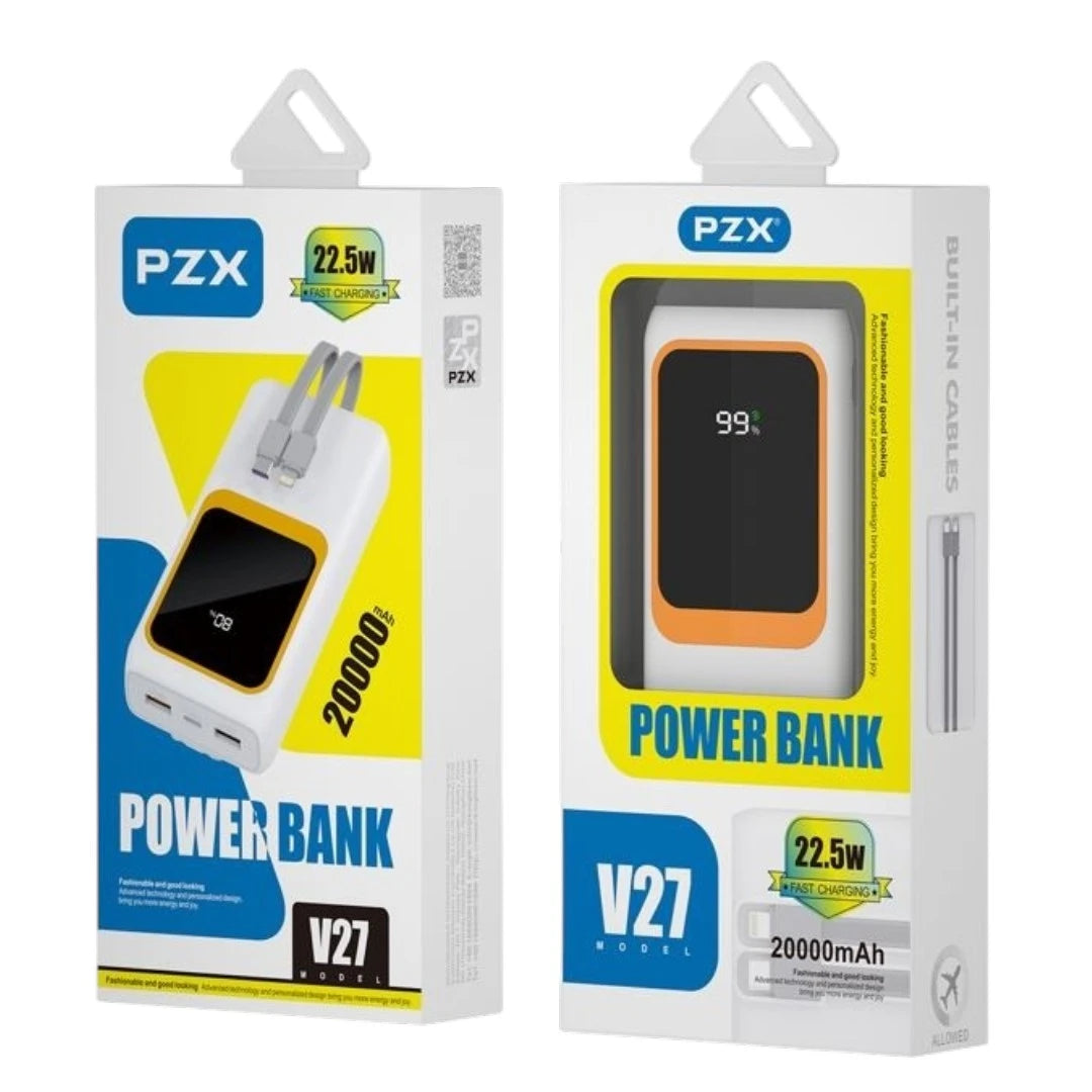 Power Bank PZX De 20.000 mAh Carga Rapida Con Pantalla Led y Cables Incorporados V27