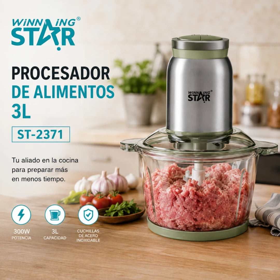Procesador De Alimentos Winning Star 3L Con Bowl De Vidrio Y Cuchillas De Acero ST-2371