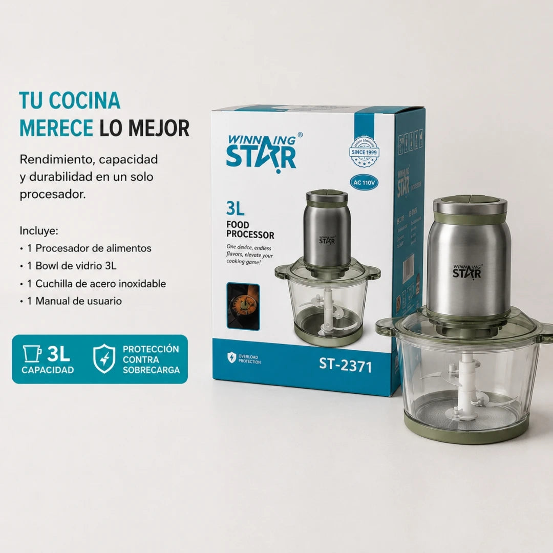 Procesador De Alimentos Winning Star 3L Con Bowl De Vidrio Y Cuchillas De Acero ST-2371