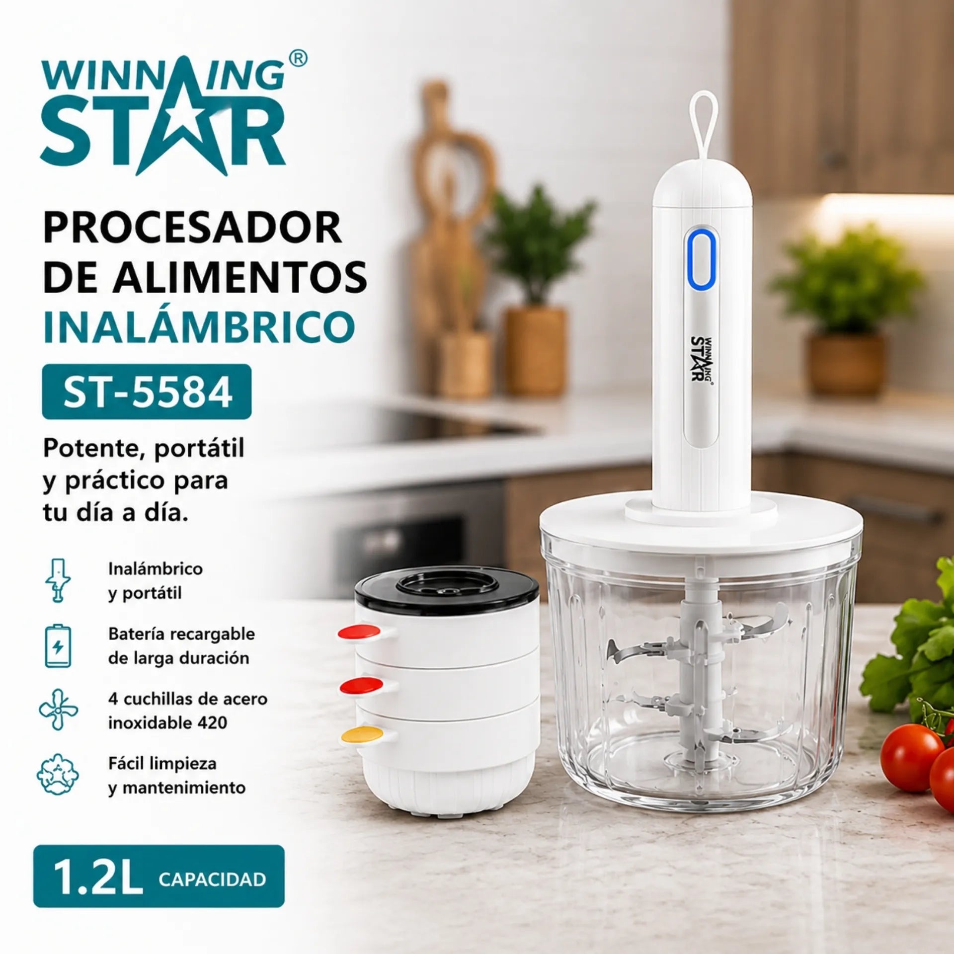 Procesador De Alimentos Inalámbrico Winning Star 1.2L Con 4 Cuchillas De Acero ST-4558
