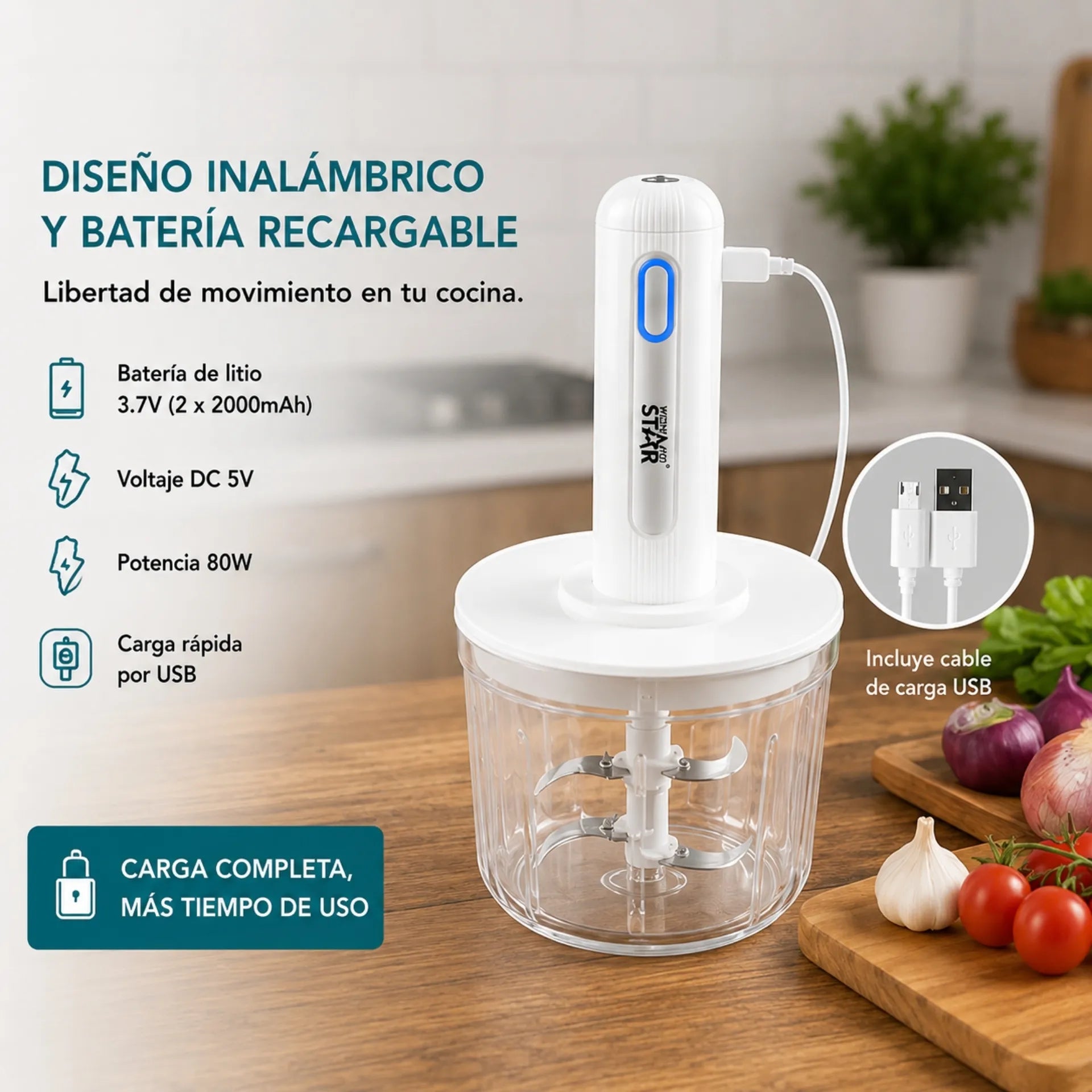 Procesador De Alimentos Inalámbrico Winning Star 1.2L Con 4 Cuchillas De Acero ST-4558