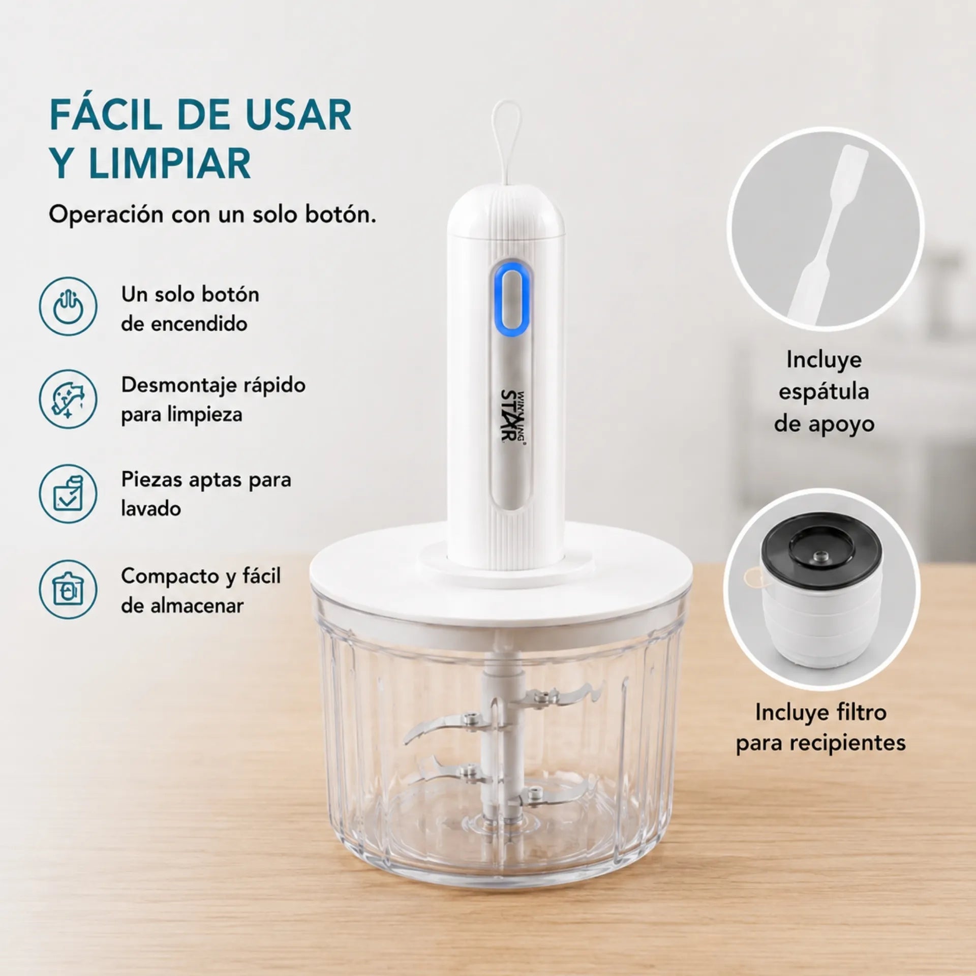 Procesador De Alimentos Inalámbrico Winning Star 1.2L Con 4 Cuchillas De Acero ST-4558