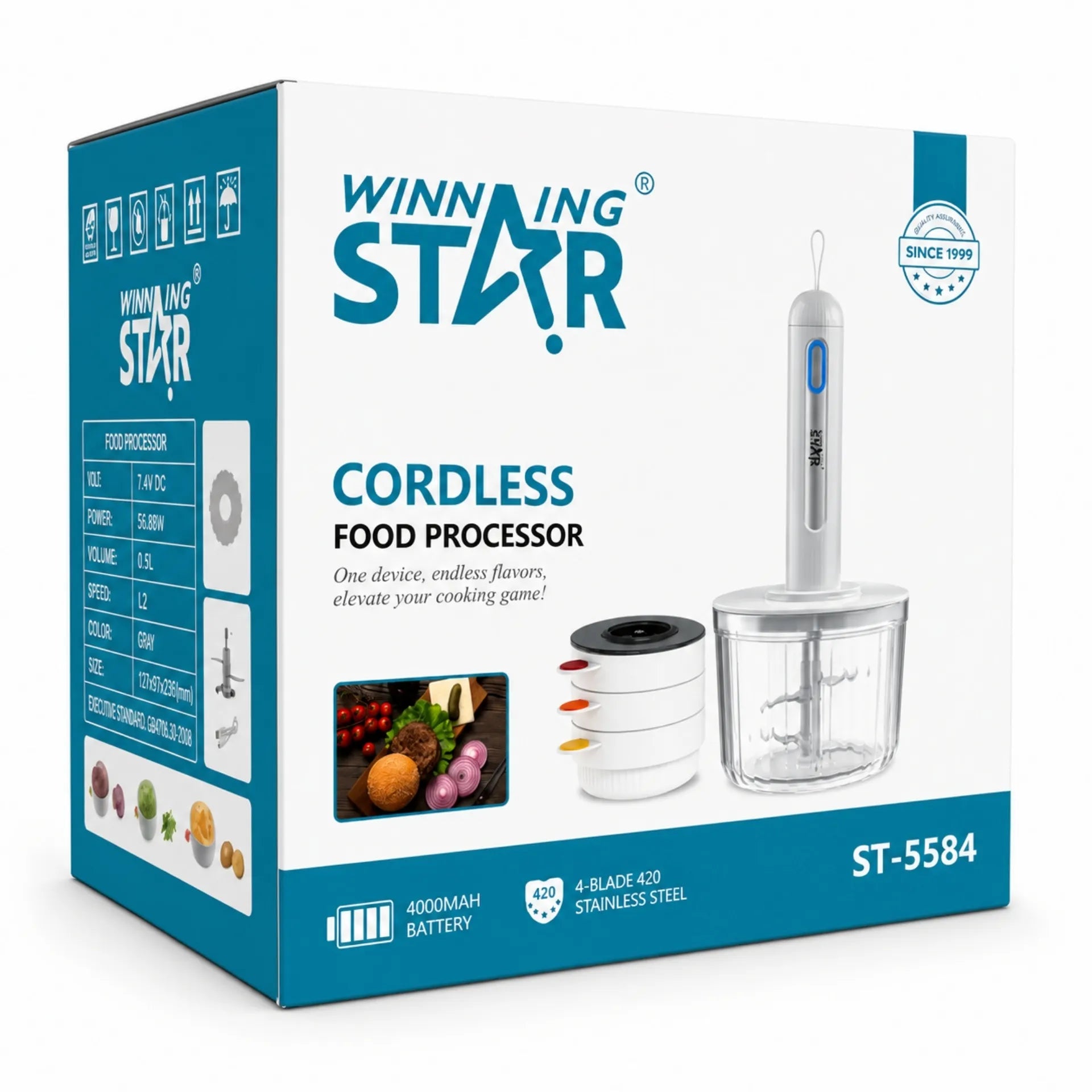 Procesador De Alimentos Inalámbrico Winning Star 1.2L Con 4 Cuchillas De Acero ST-4558