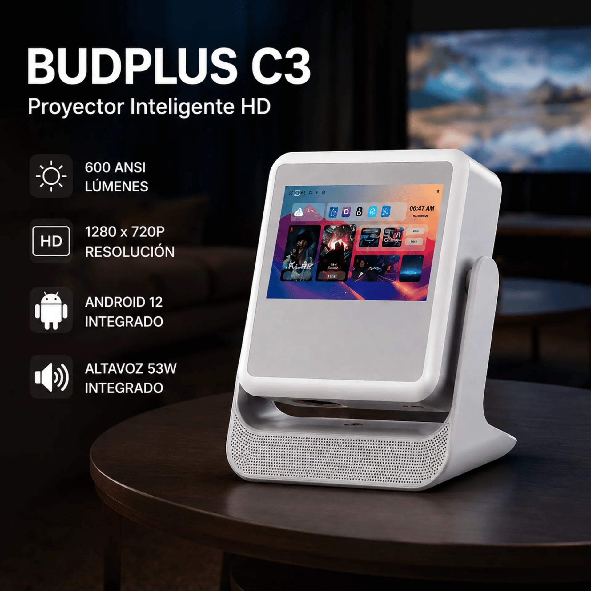 Proyector Inteligente Con Pantalla Táctil De 8 Pulgadas Y Android 12 BUDPLUS C3