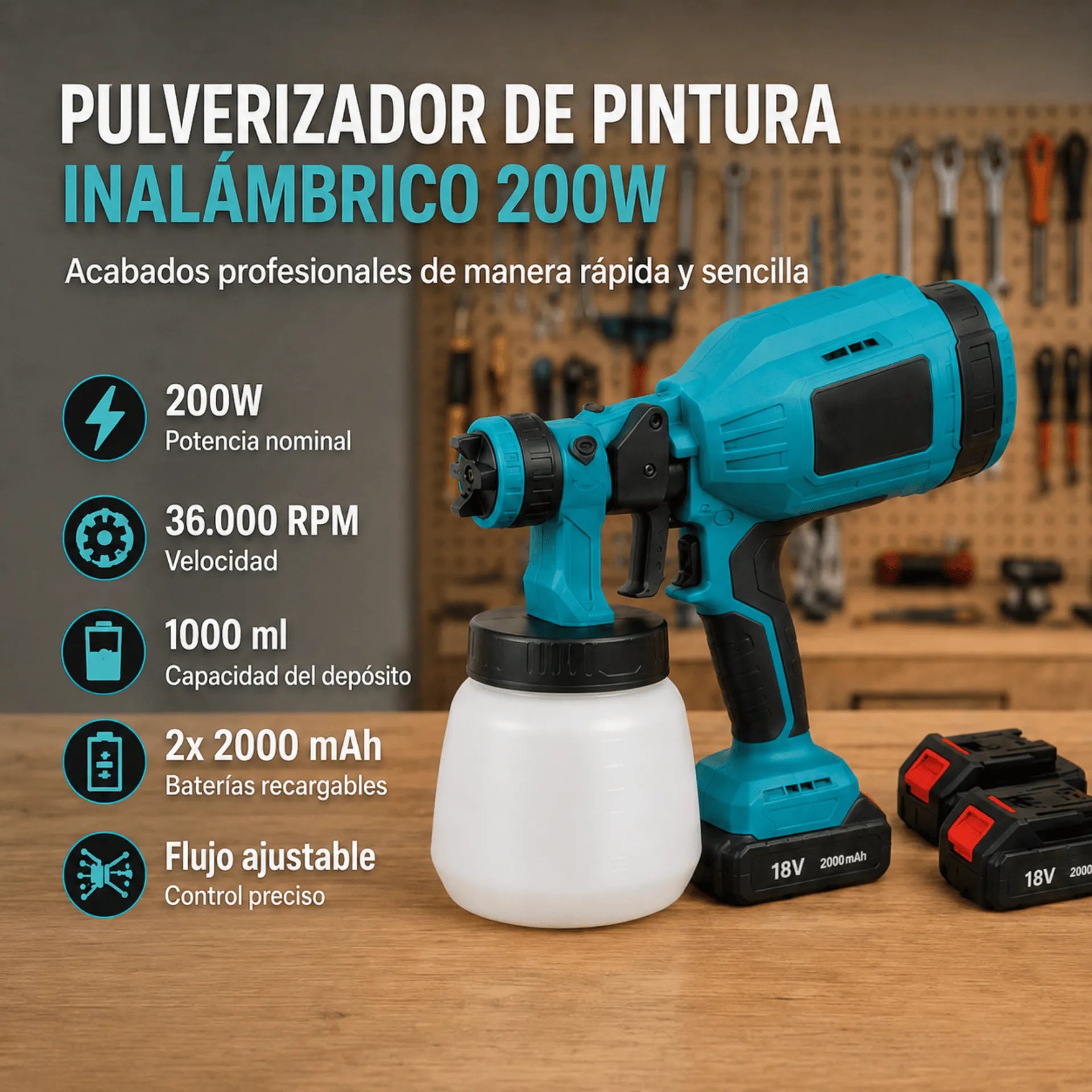 Pistola De Pintura Pulverizador Inalámbrico 200W Con Doble Batería Y Depósito De 1000 ml AE0057