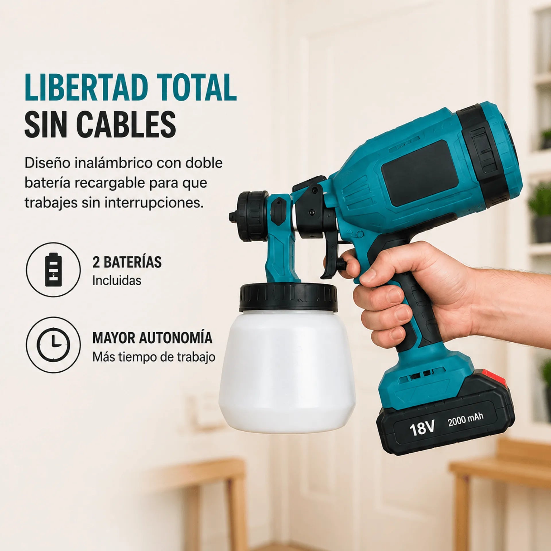 Pistola De Pintura Pulverizador Inalámbrico 200W Con Doble Batería Y Depósito De 1000 ml AE0057