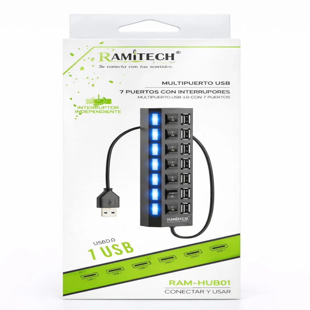 Multiplicador de Puertos Ramitech De 7 Puertos Usb Con Velocidad 3.0 RAM-HUB01