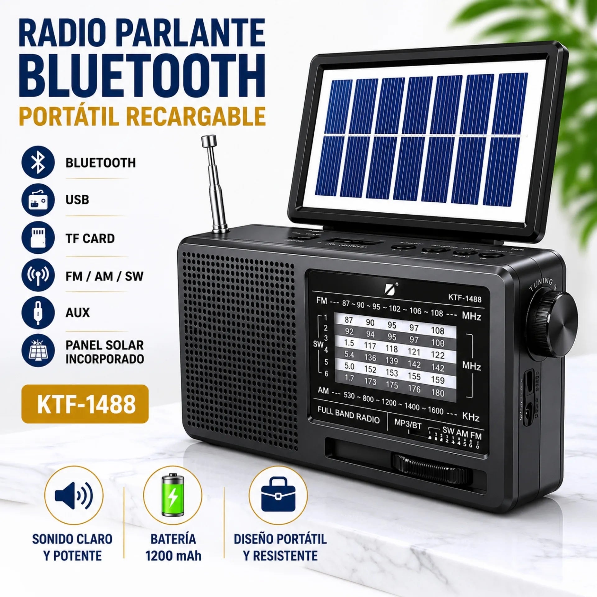 Radio Parlante Bluetooth Portátil Recargable Con Panel Solar KTF-1488