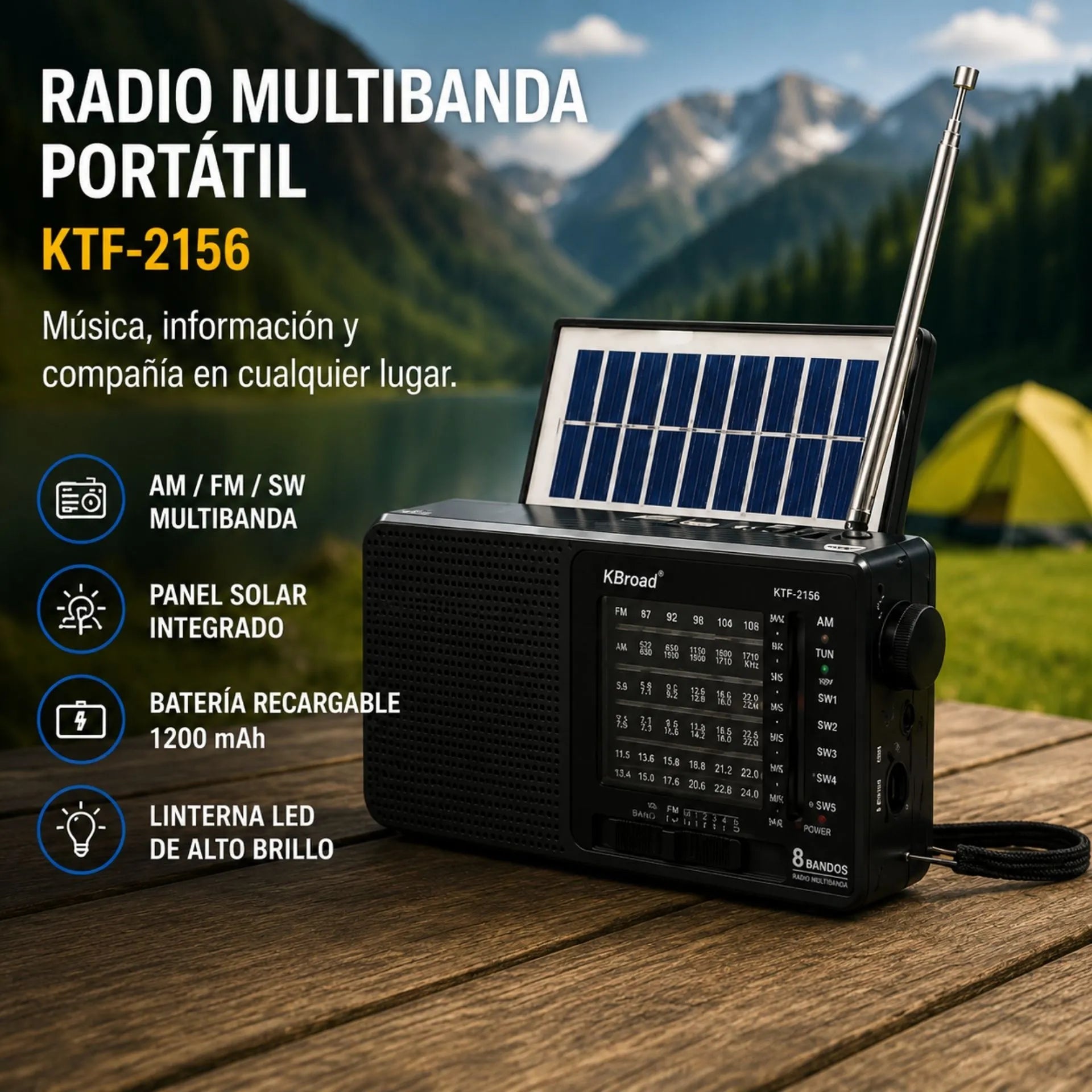 Radio Multibanda Con Panel Solar Linterna LED Y Reproductor USB/TF KBroad  KTF-2156