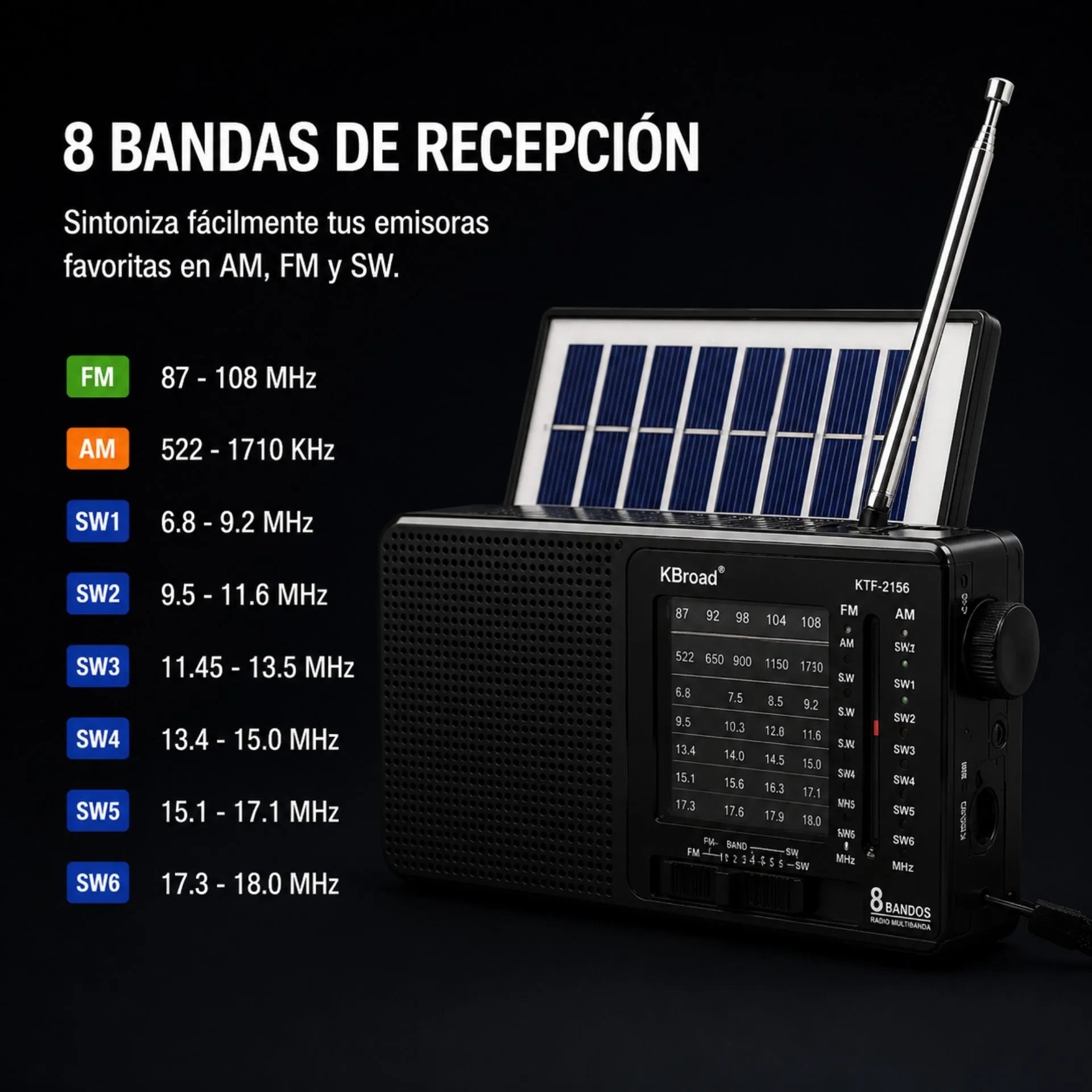 Radio Multibanda Con Panel Solar Linterna LED Y Reproductor USB/TF KBroad  KTF-2156