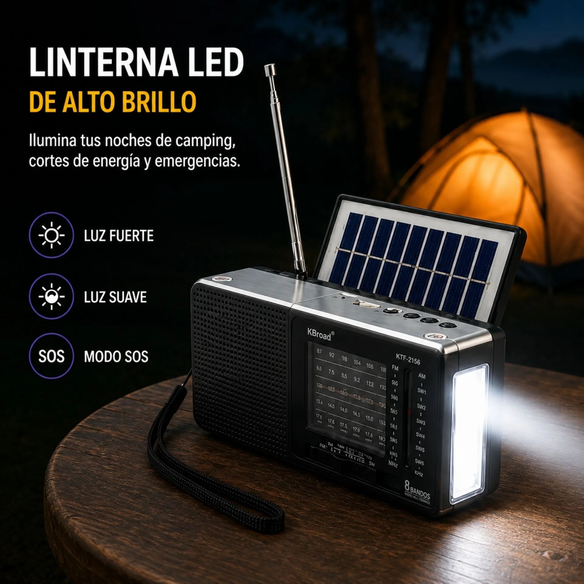 Radio Multibanda Con Panel Solar Linterna LED Y Reproductor USB/TF KBroad  KTF-2156