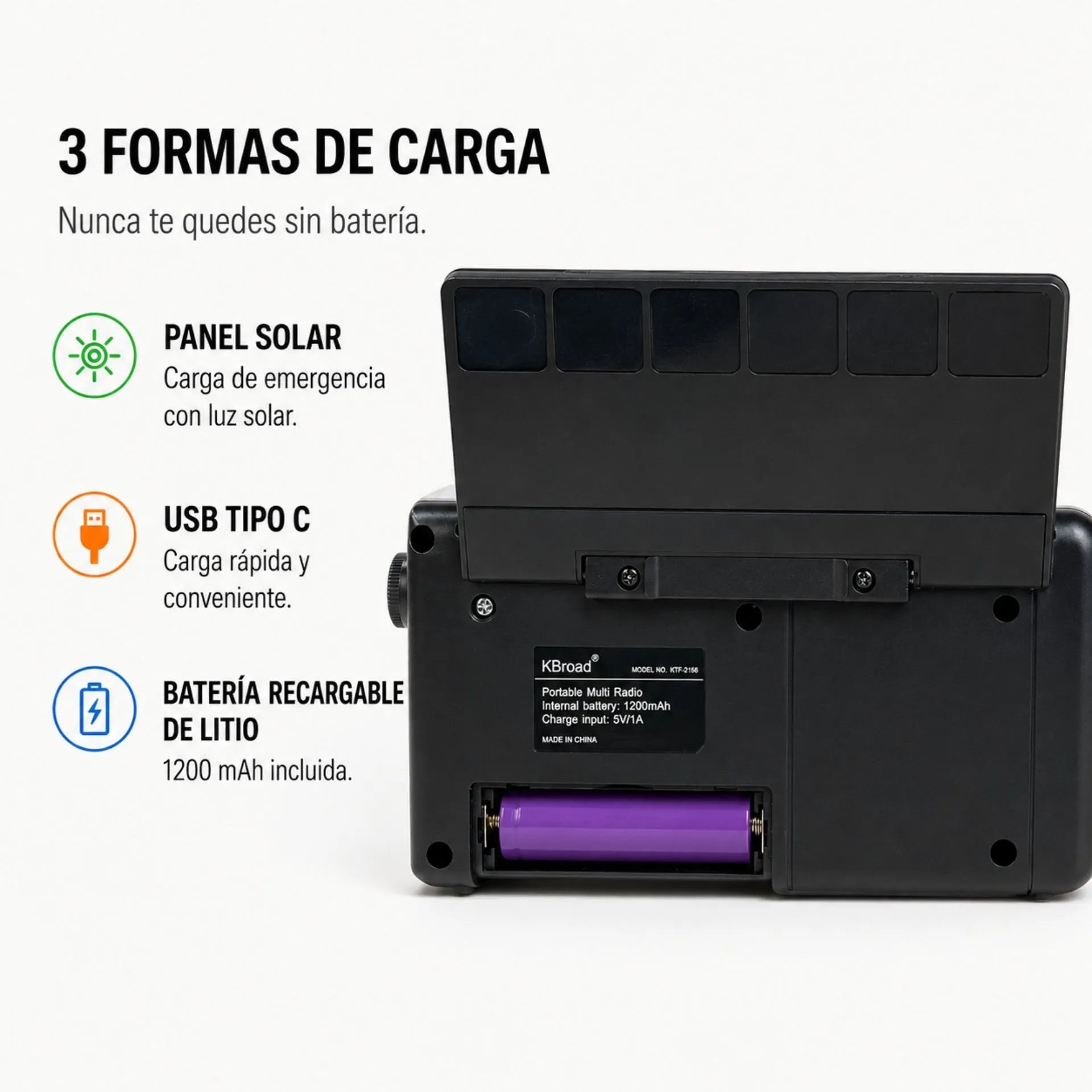 Radio Multibanda Con Panel Solar Linterna LED Y Reproductor USB/TF KBroad  KTF-2156