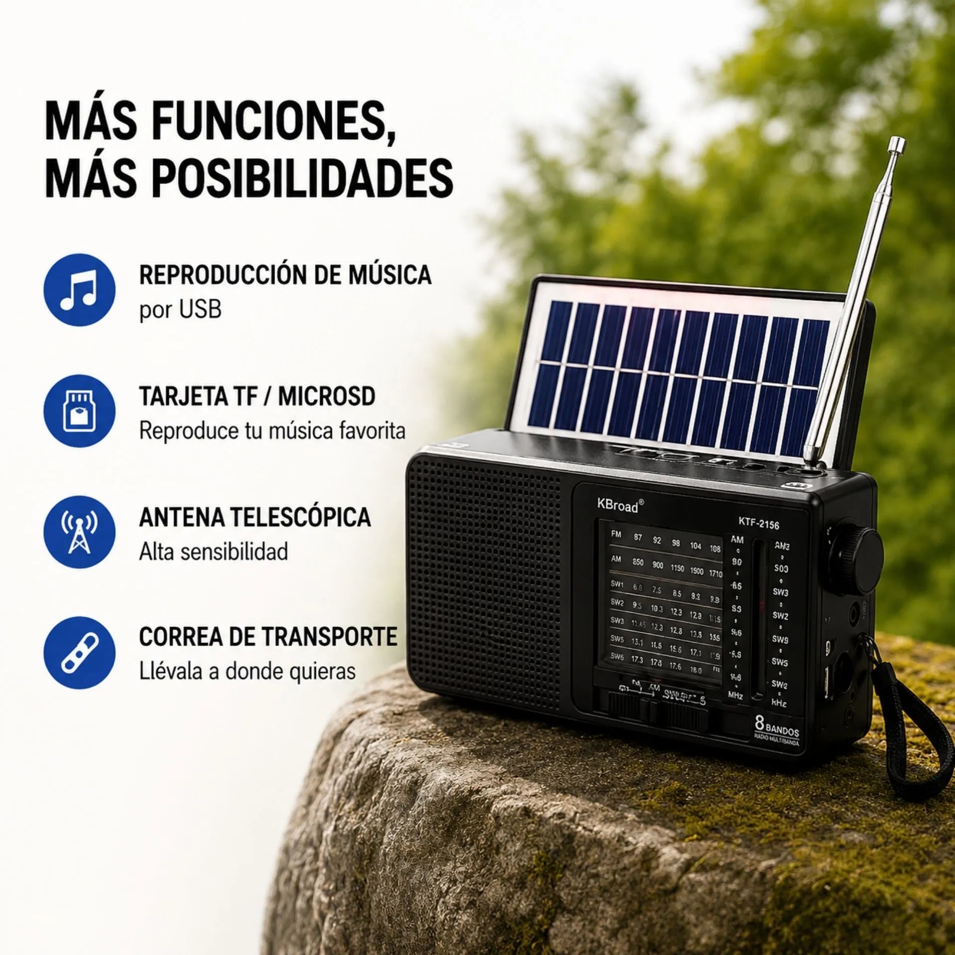 Radio Multibanda Con Panel Solar Linterna LED Y Reproductor USB/TF KBroad  KTF-2156