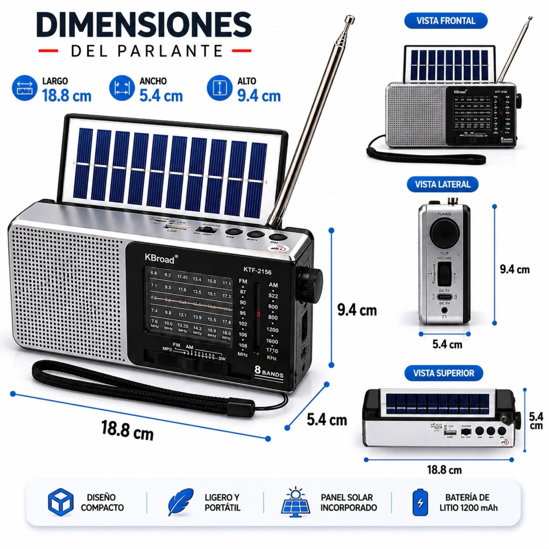 Radio Multibanda Con Panel Solar Linterna LED Y Reproductor USB/TF KBroad  KTF-2156