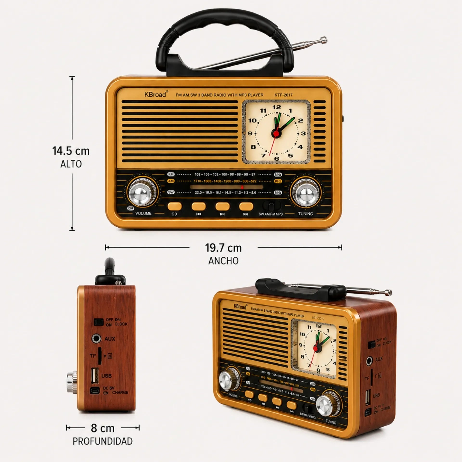Radio Portátil Retro Multifunción Bluetooth FM/AM/SW Con Reloj Analógico KTF-2017