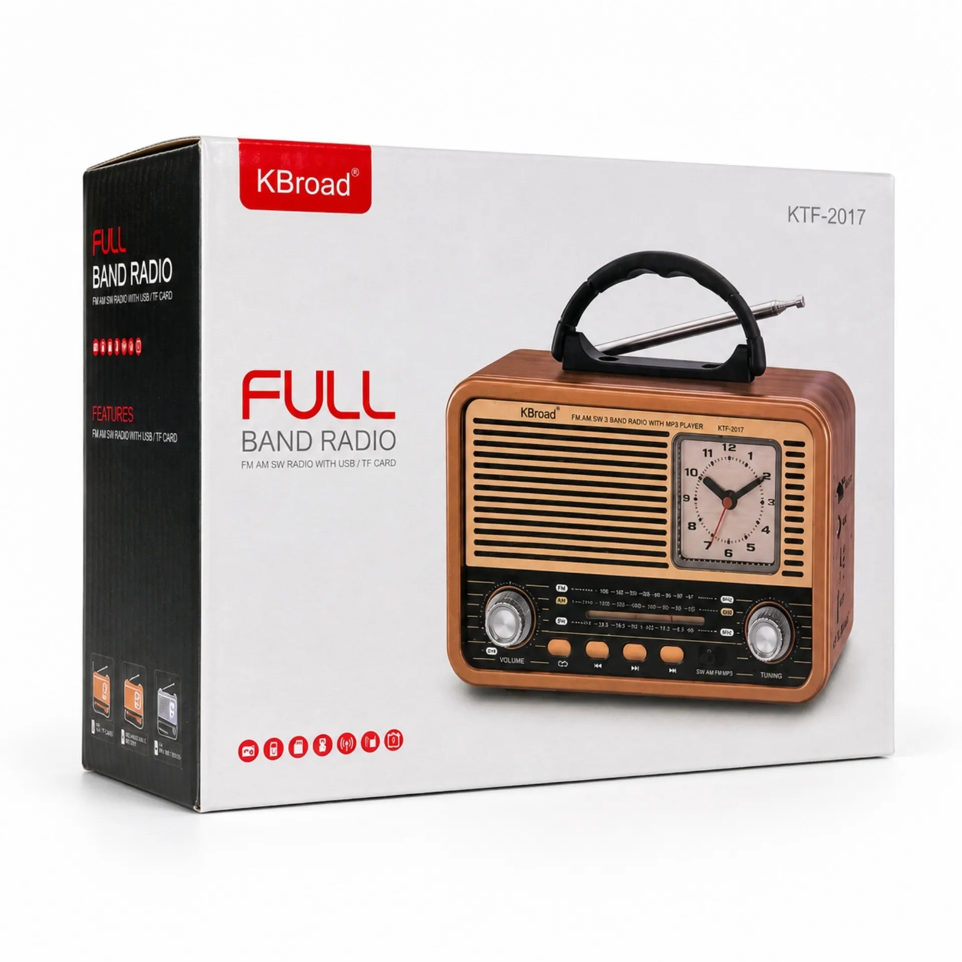 Radio Portátil Retro Multifunción Bluetooth FM/AM/SW Con Reloj Analógico KTF-2017