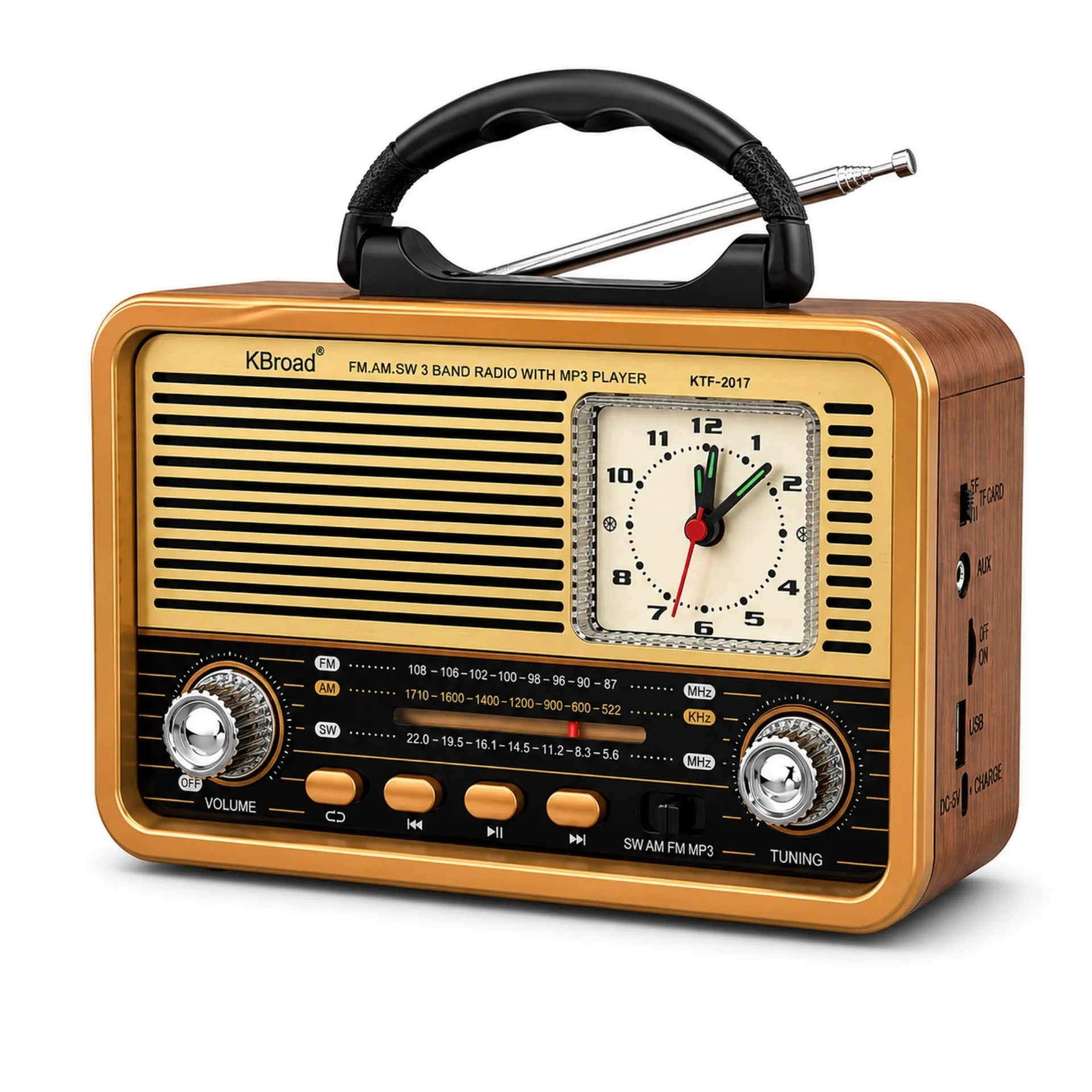 Radio Portátil Retro Multifunción Bluetooth FM/AM/SW Con Reloj Analógico KTF-2017