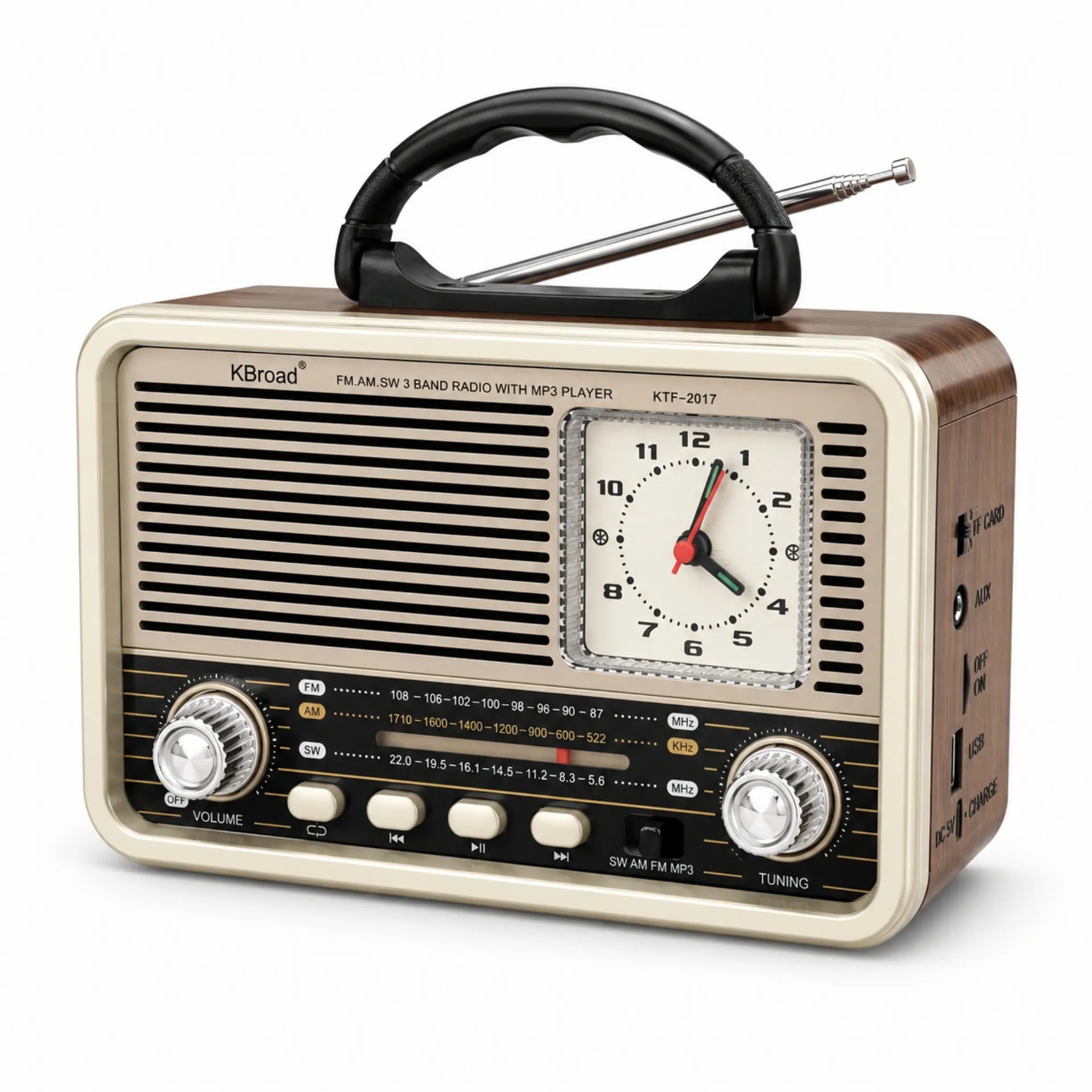 Radio Portátil Retro Multifunción Bluetooth FM/AM/SW Con Reloj Analógico KTF-2017