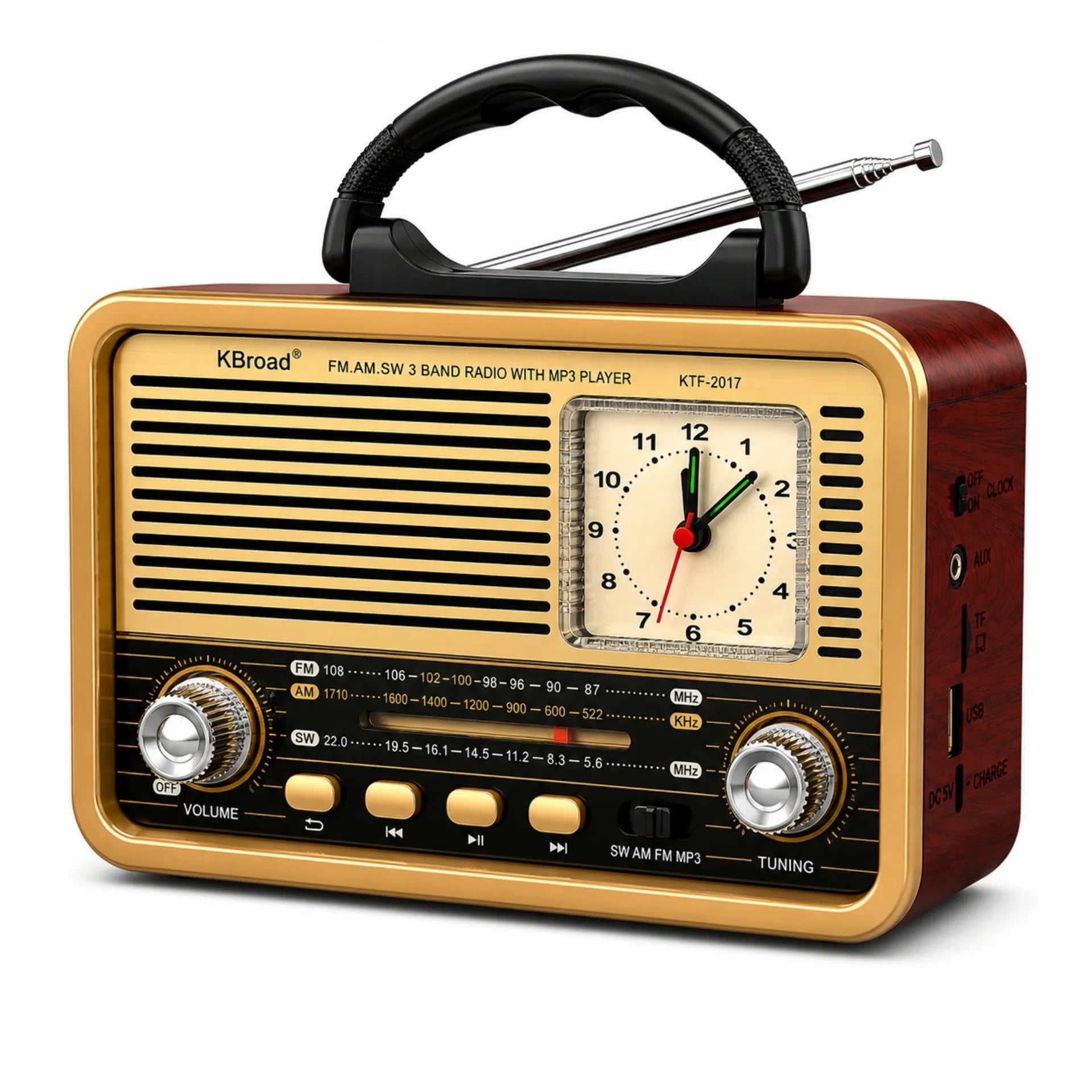 Radio Portátil Retro Multifunción Bluetooth FM/AM/SW Con Reloj Analógico KTF-2017