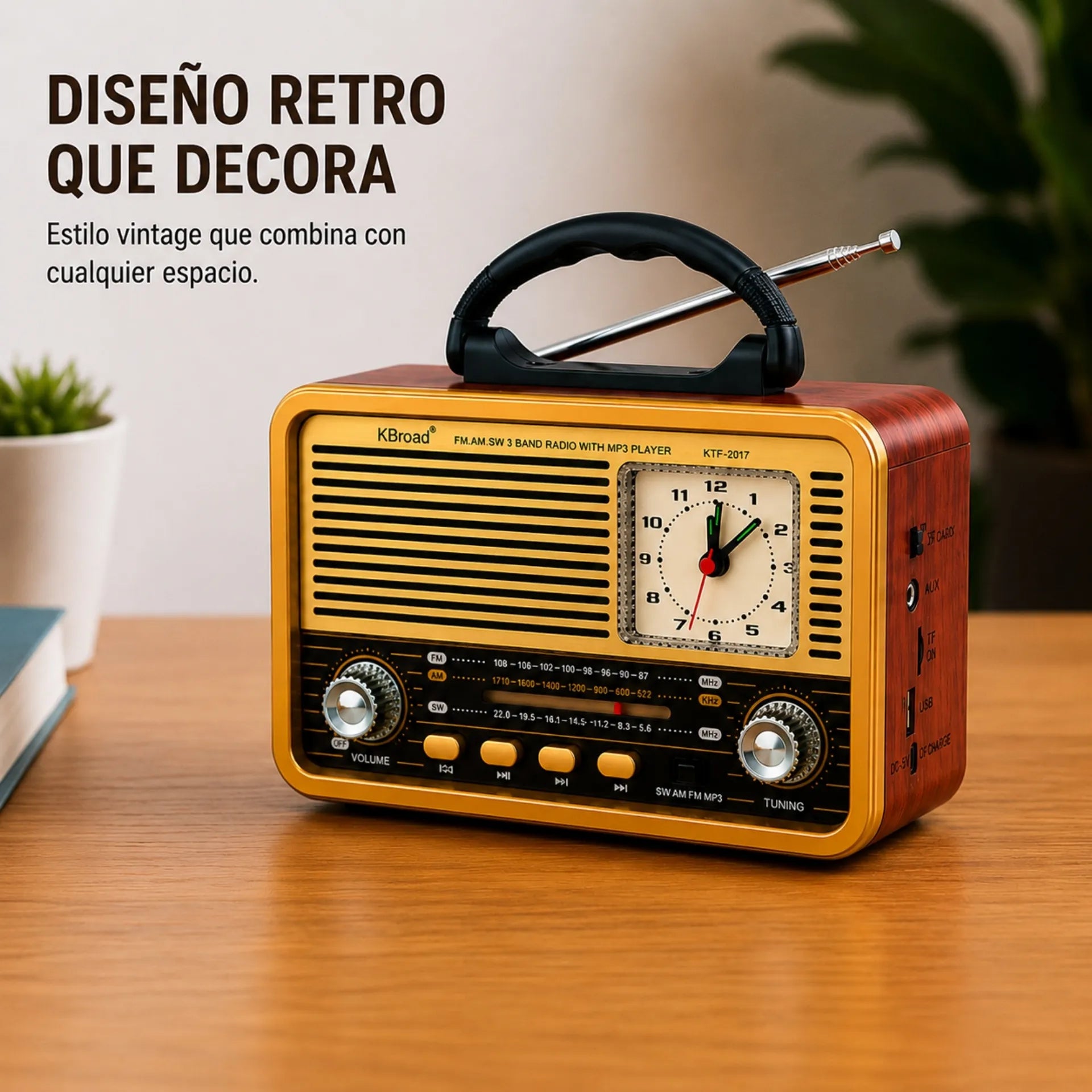 Radio Portátil Retro Multifunción Bluetooth FM/AM/SW Con Reloj Analógico KTF-2017
