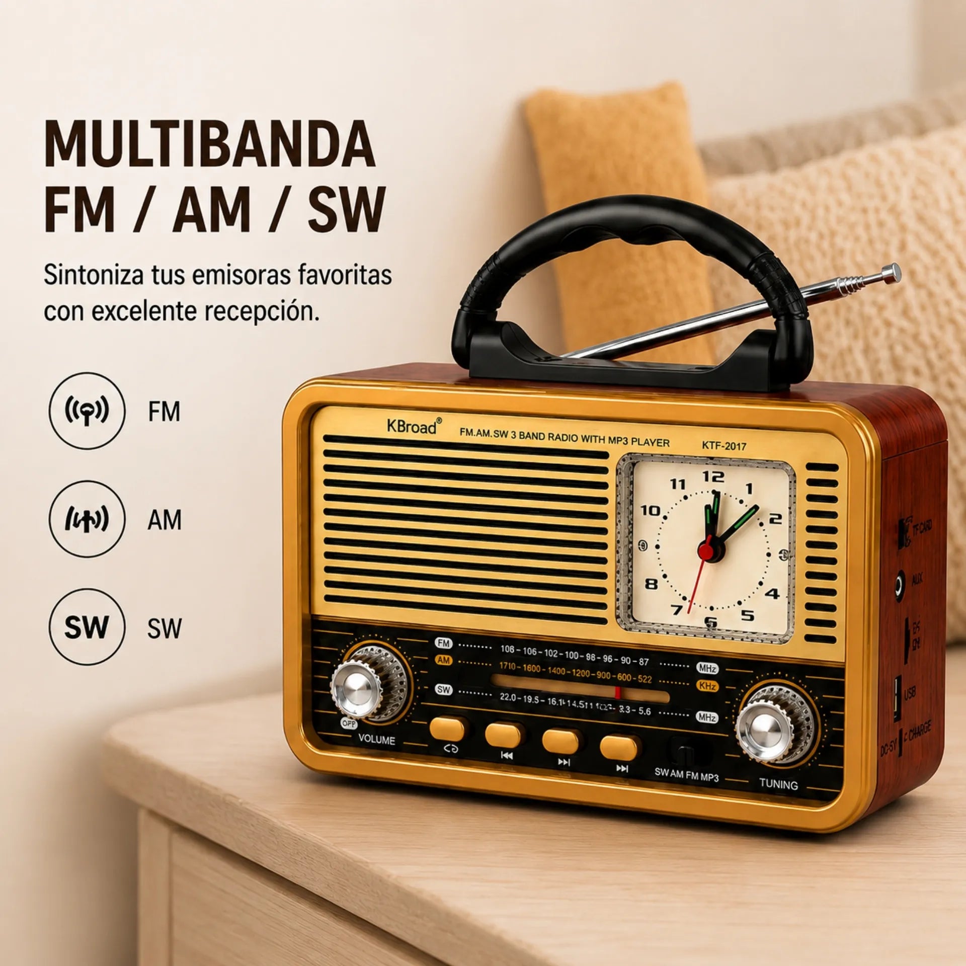 Radio Portátil Retro Multifunción Bluetooth FM/AM/SW Con Reloj Analógico KTF-2017