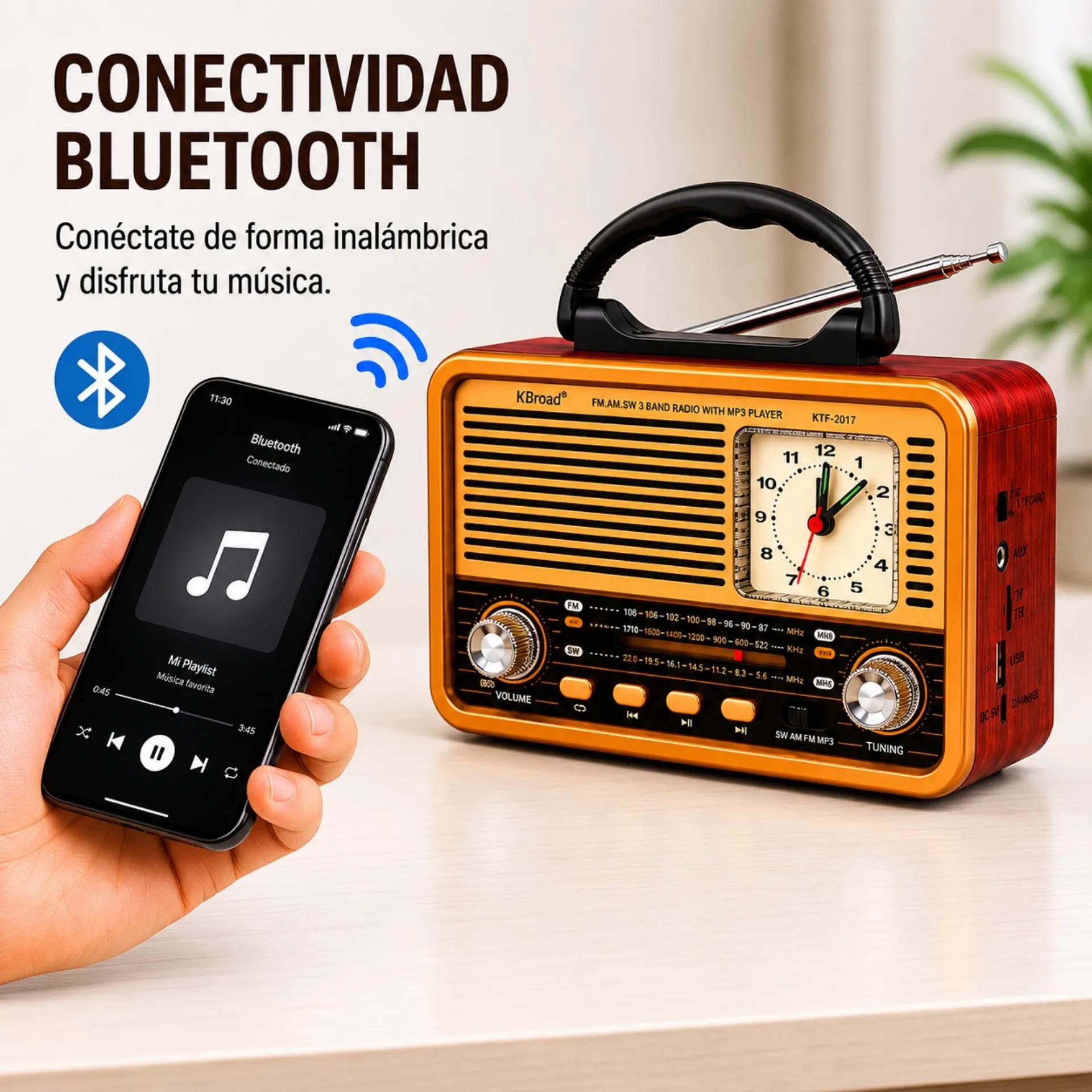 Radio Portátil Retro Multifunción Bluetooth FM/AM/SW Con Reloj Analógico KTF-2017