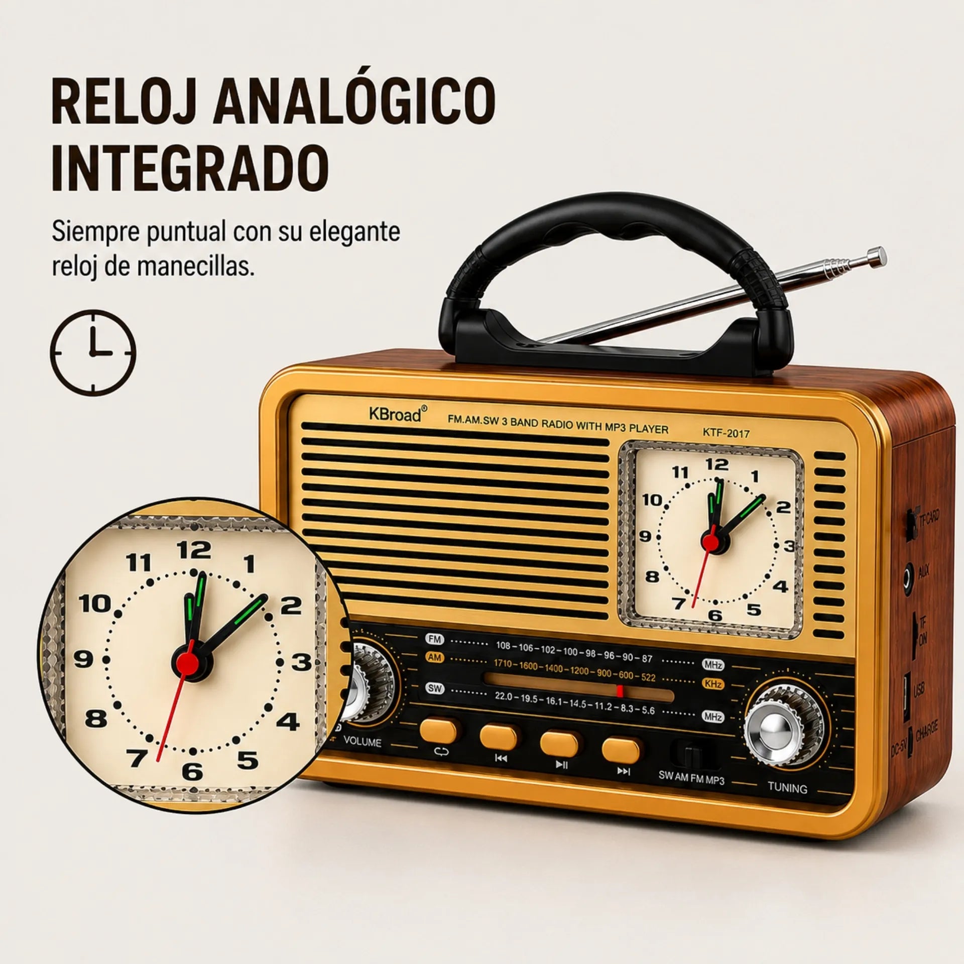 Radio Portátil Retro Multifunción Bluetooth FM/AM/SW Con Reloj Analógico KTF-2017