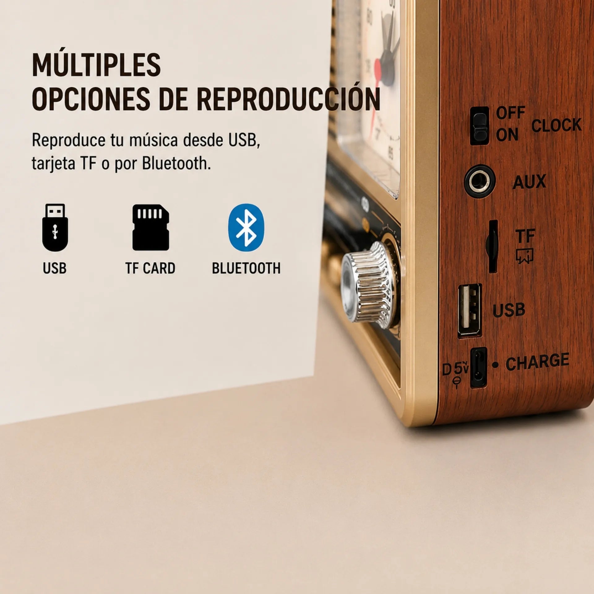 Radio Portátil Retro Multifunción Bluetooth FM/AM/SW Con Reloj Analógico KTF-2017