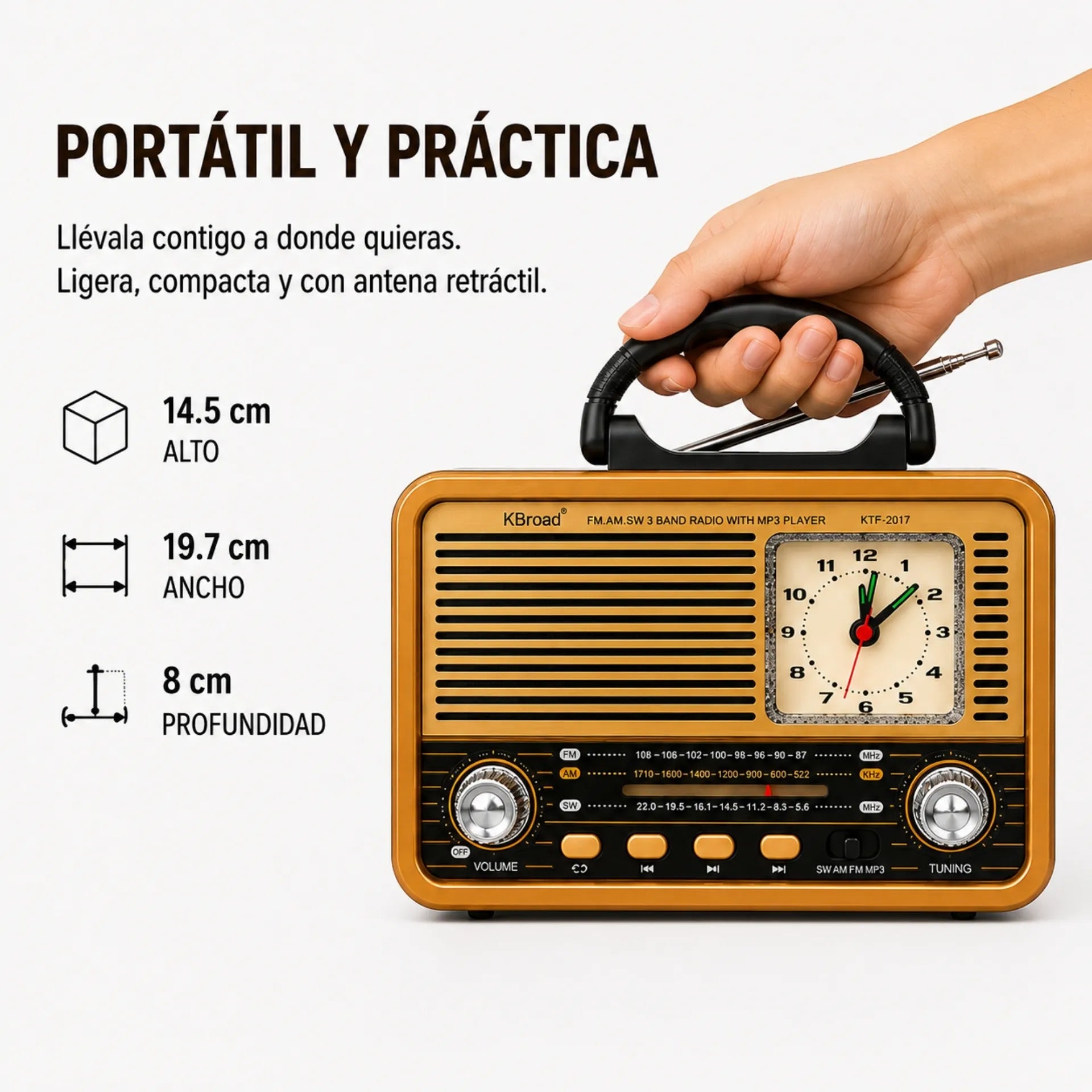 Radio Portátil Retro Multifunción Bluetooth FM/AM/SW Con Reloj Analógico KTF-2017