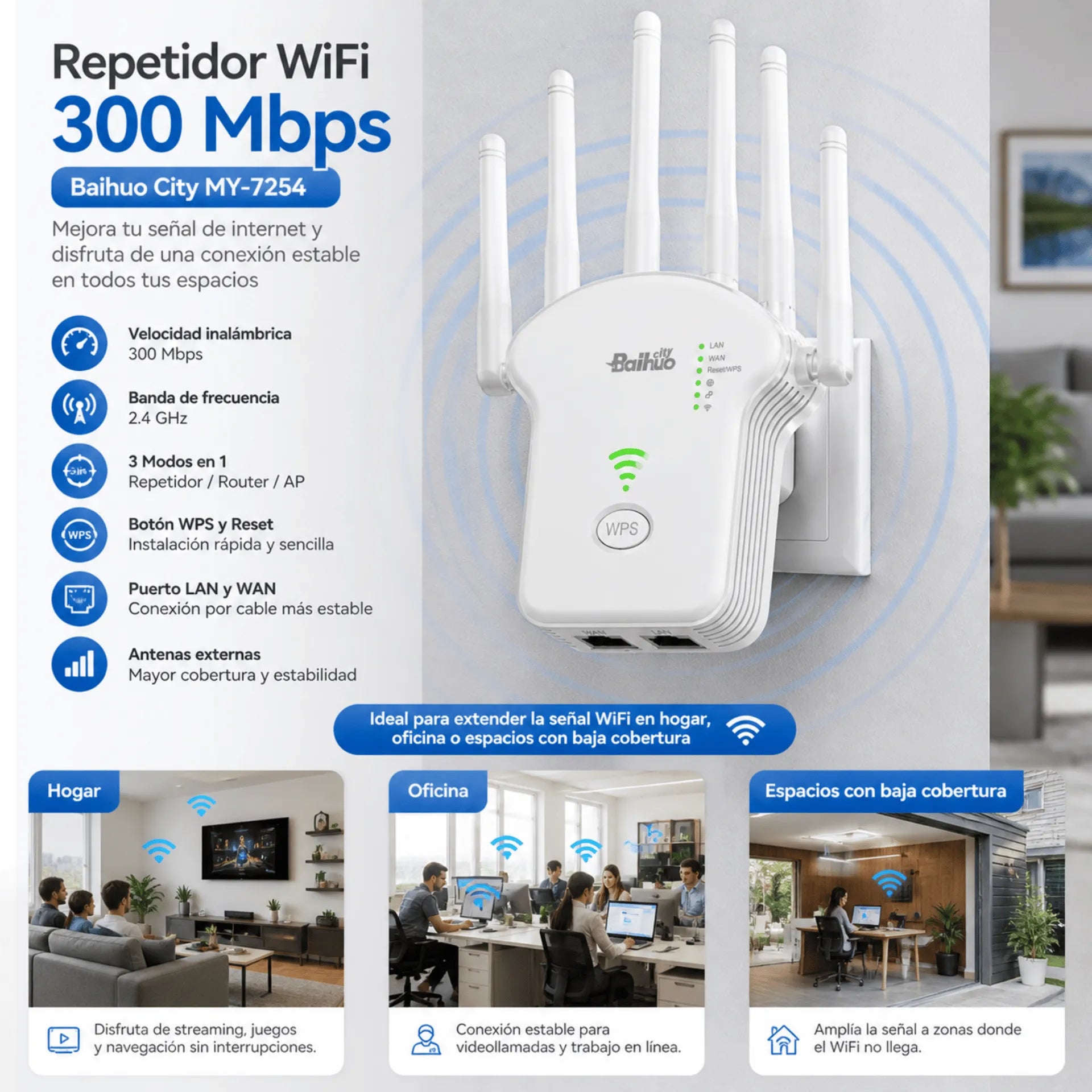 Repetidor WiFi 300 Mbps Con Función De Router Y Modos AP Extensor De Señal 2.4GHz Baihuo City MY-7254