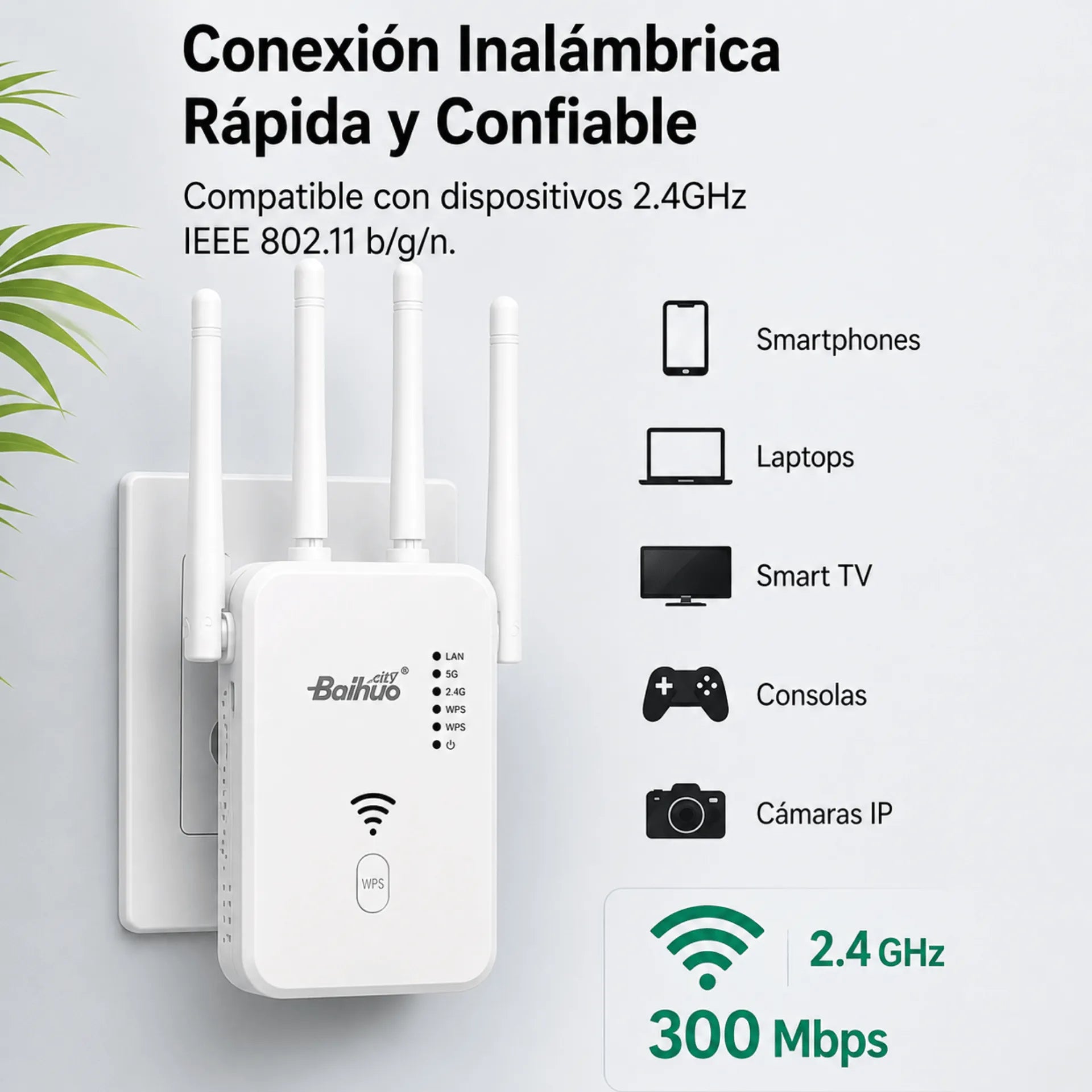 Repetidor WiFi 300Mbps Con 4 Antenas Y Modo Router Baihuo City MY-7601